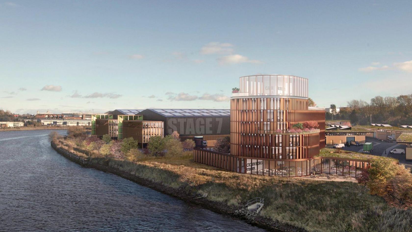 An artist's imagining of the Crown Works Studios project in Sunderland. It will be based near the Northern Spire Bridge on Wearside, on the banks of the River Wear.