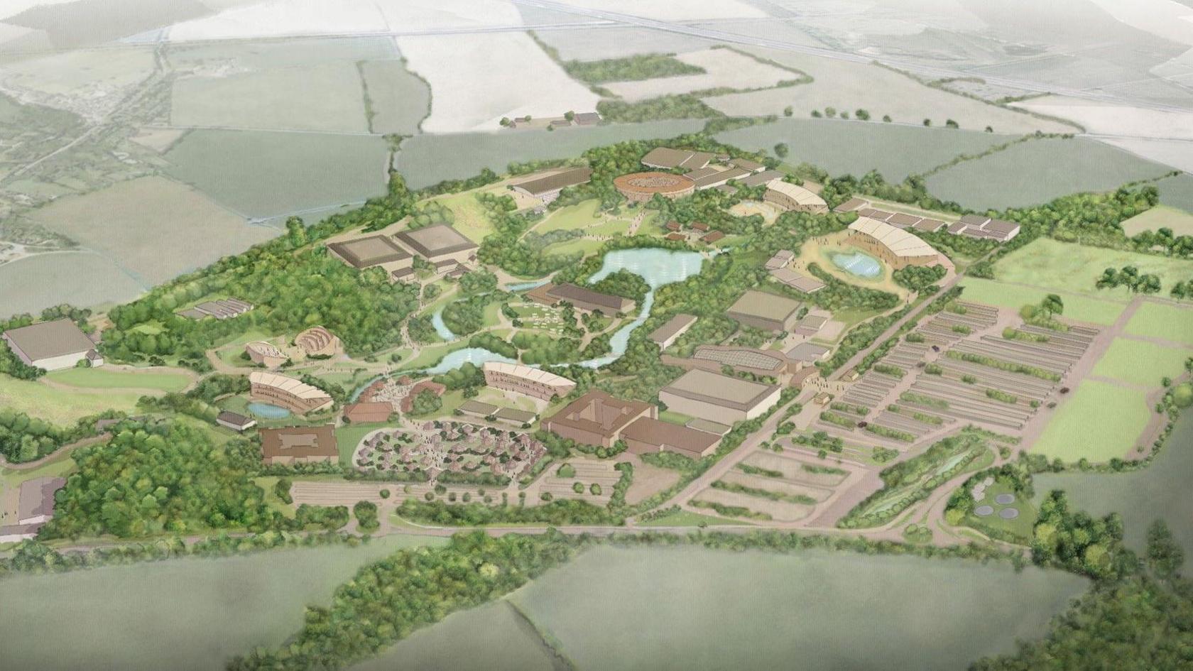 An artist's mockup of the proposed theme park. It is a large green site with various large buildings nestled among trees and lakes, including an arena of some kind.
