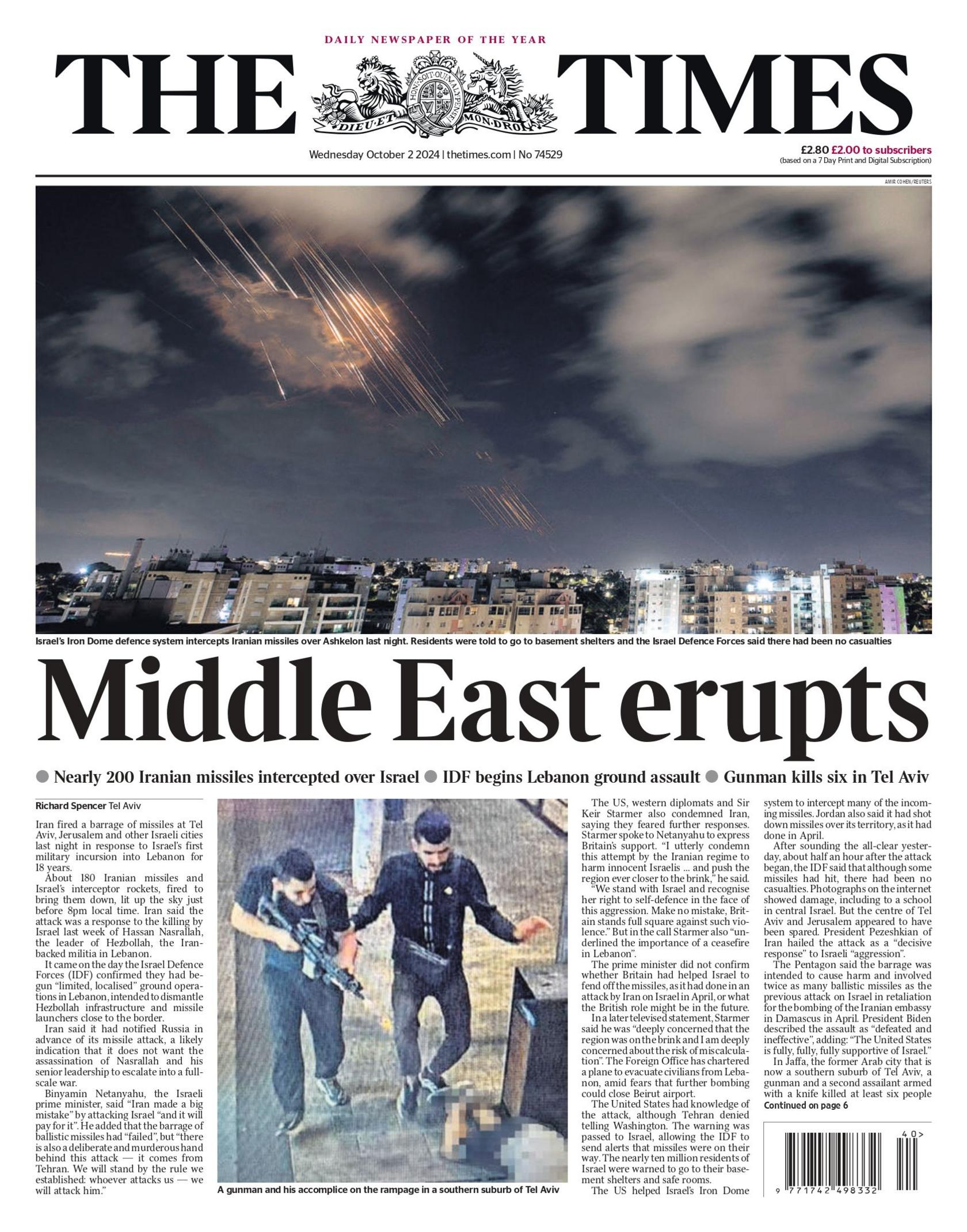 The Times front page for 2 October 