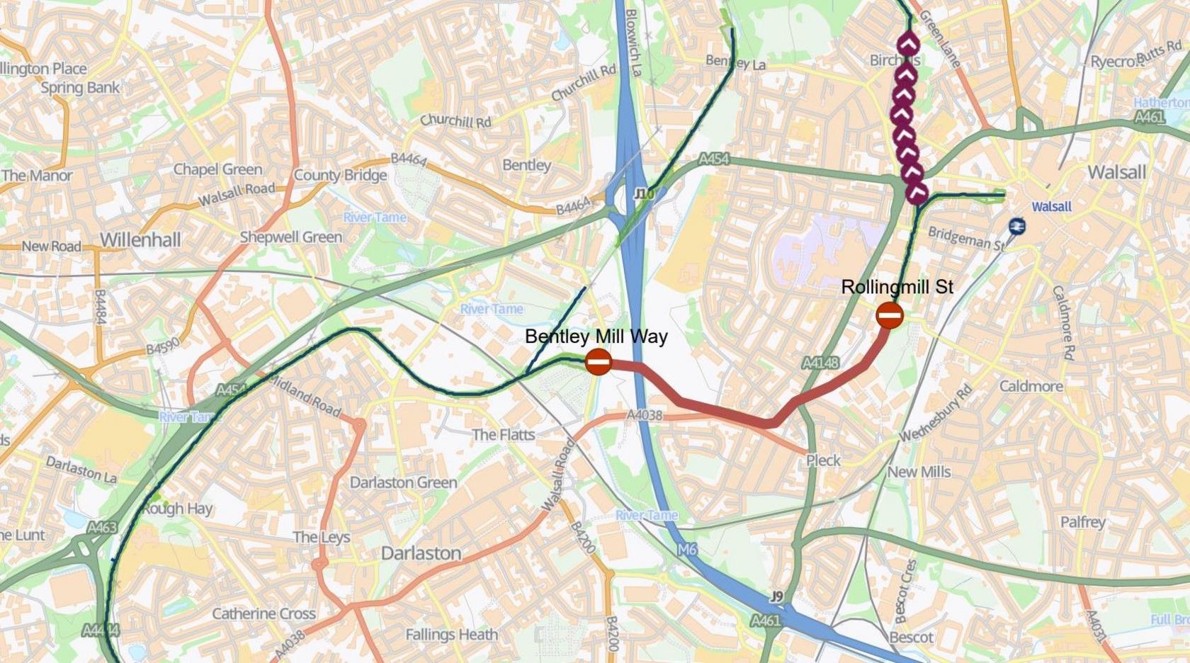 A map showing the section of canal closed between Bentley Mill Way and Rollingmill Street