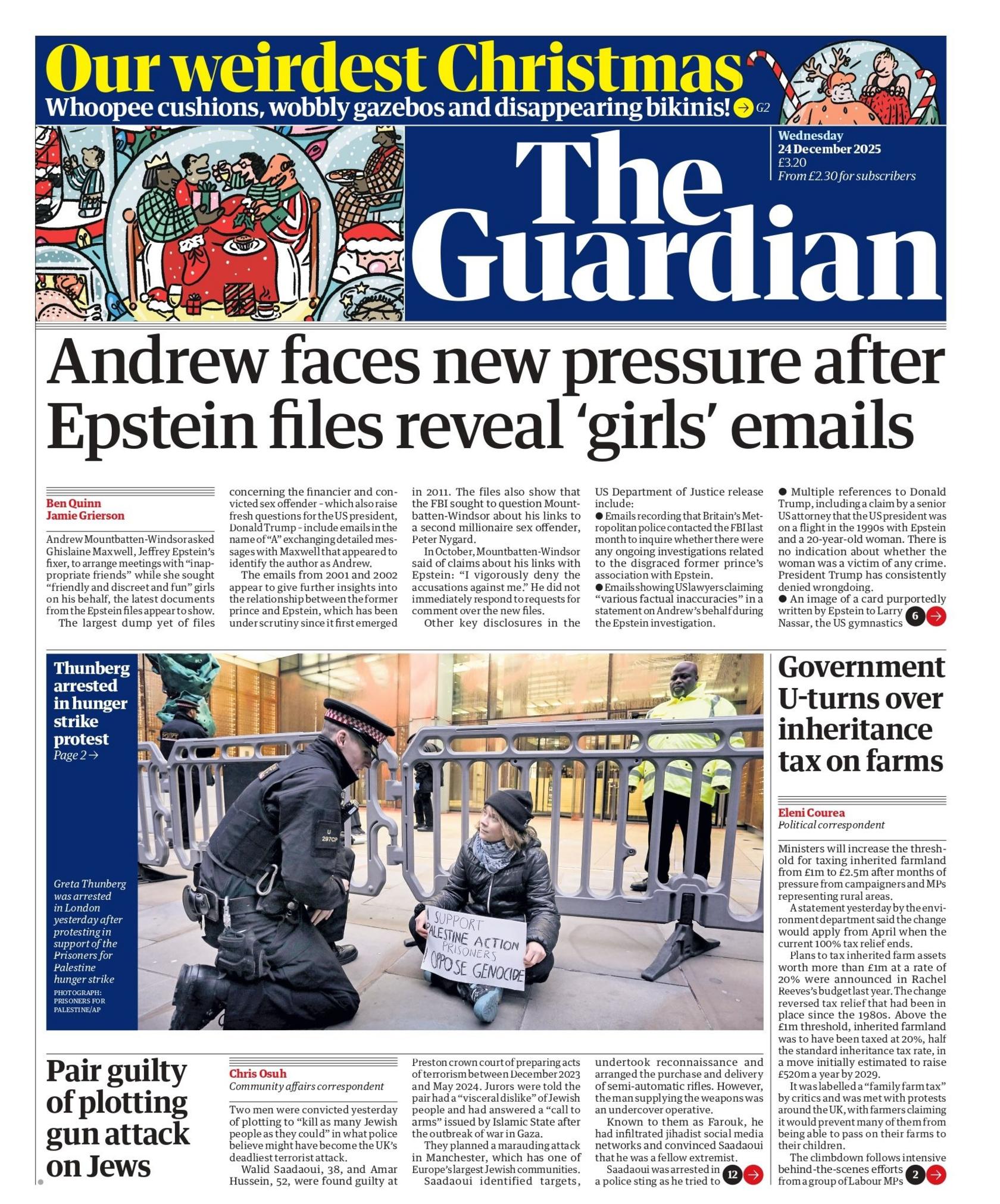 “Andrew përballet me presion të ri pasi dosjet e Epstein zbulojnë email-et e ‘vajzave’”, shkruhet në titullin kryesor në faqen e parë të gazetës Guardian.