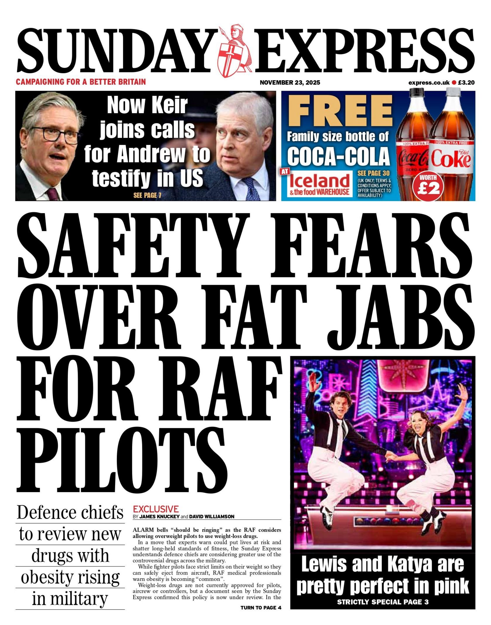 The headline on the front page of the Sunday Express reads: "Safety fears over fat jabs for RAF pilots". 