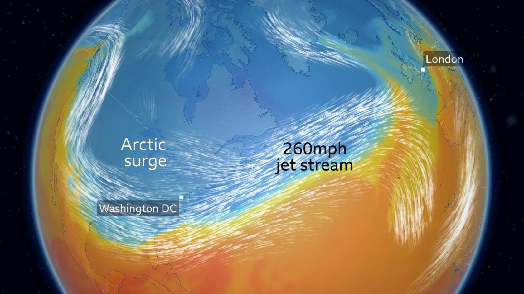 A global weather map showing air mass and jet stream, with cold air across most of North America and a 260mph jet stream blowing across the Atlantic