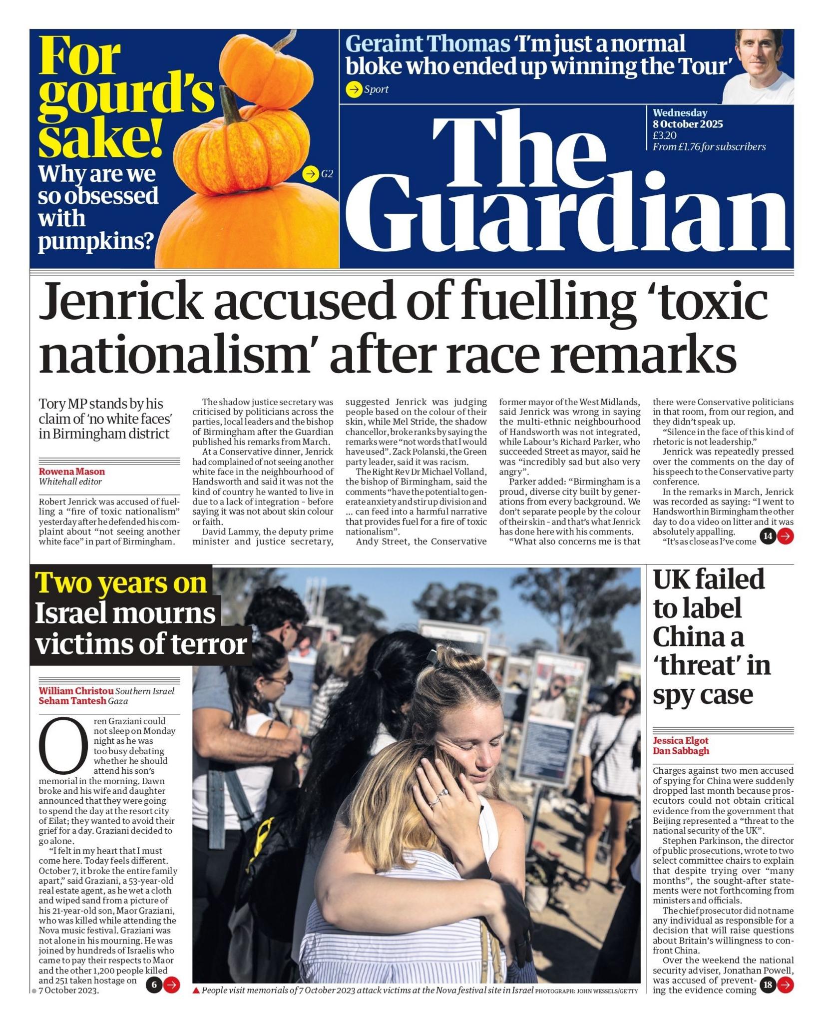 The headline on the front page of the Guardian reads: "Jenrick accused of fuelling 'toxic nationalism' after race remarks."