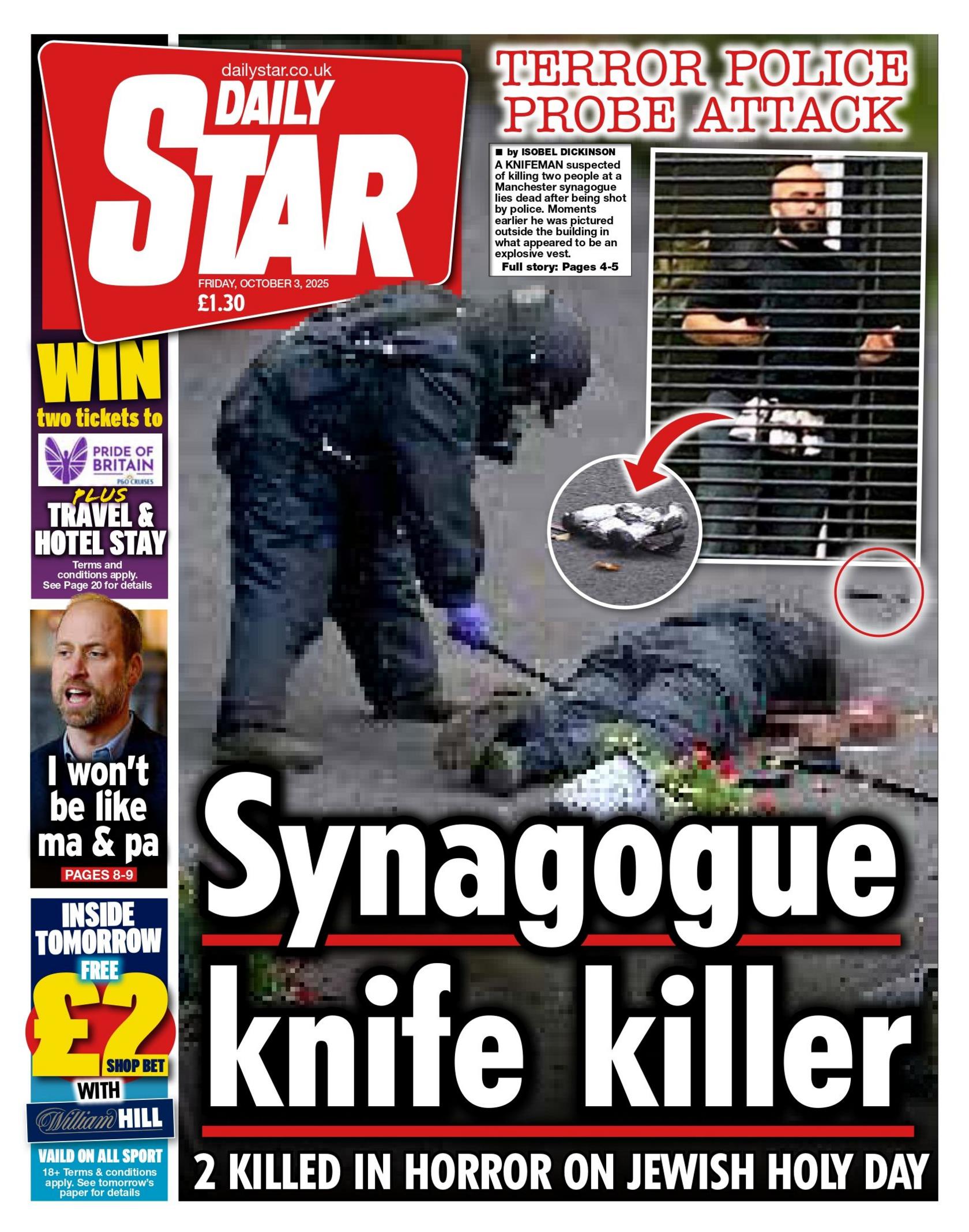 The headline on the front page of the Daily Star reads: "Synagogue knife killer: 2 killed in horror on Jewish holy day".