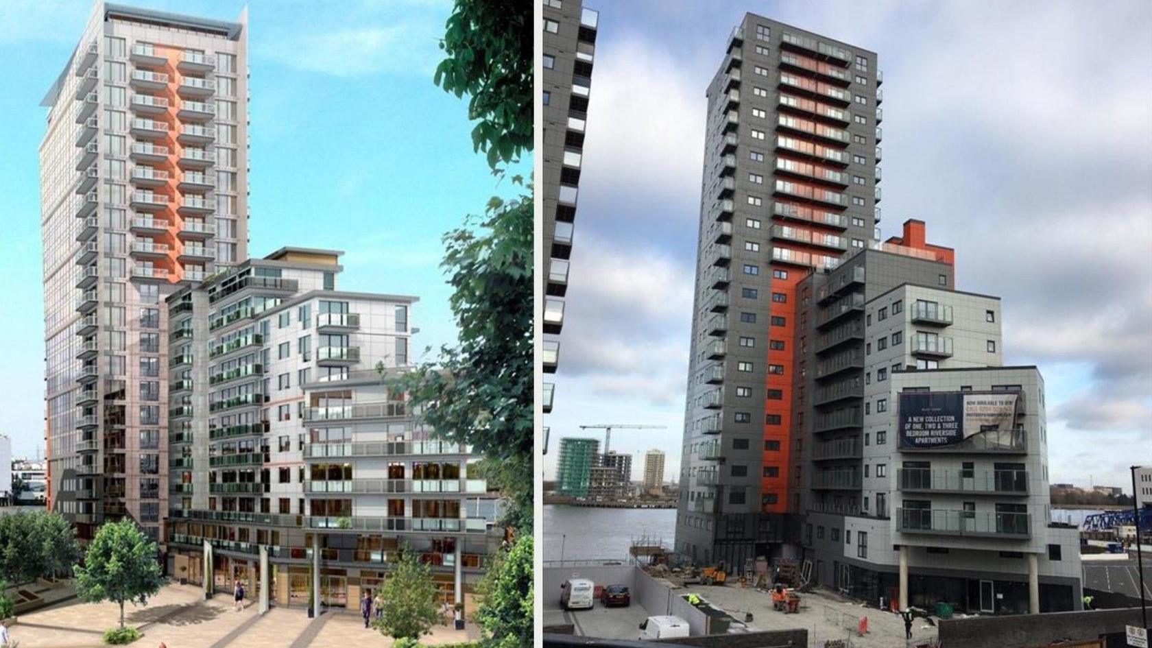 A composite image with CGI on the left and a real picture on the right. The building stands tall, it is grey with orange down the middle. There is a smaller grey block in front of it. 