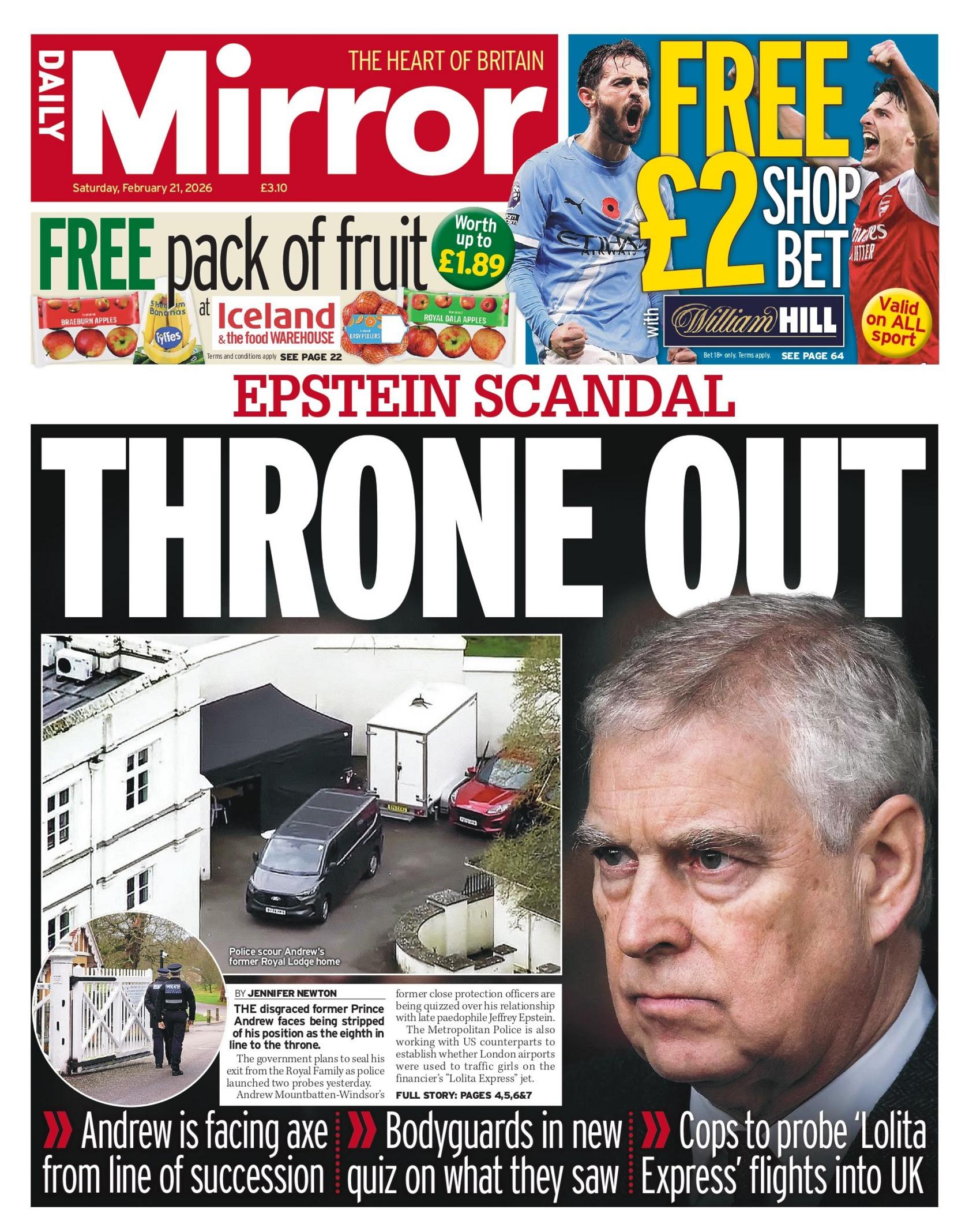 "Heq Froni: Andrew përballet me përjashtim nga linja e trashëgimisë", shkruhet në titullin kryesor në faqen e parë të Daily Mirror.