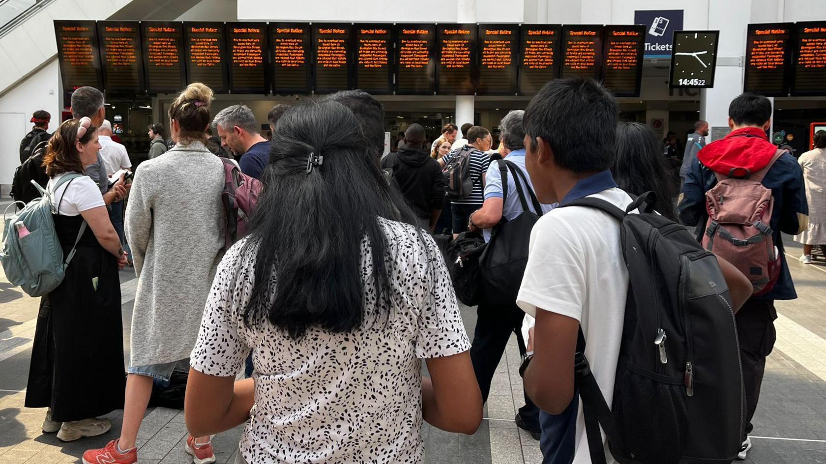 A crowd stands in front of a row of screens that should show train departure times but all say "Special Notice" on them.