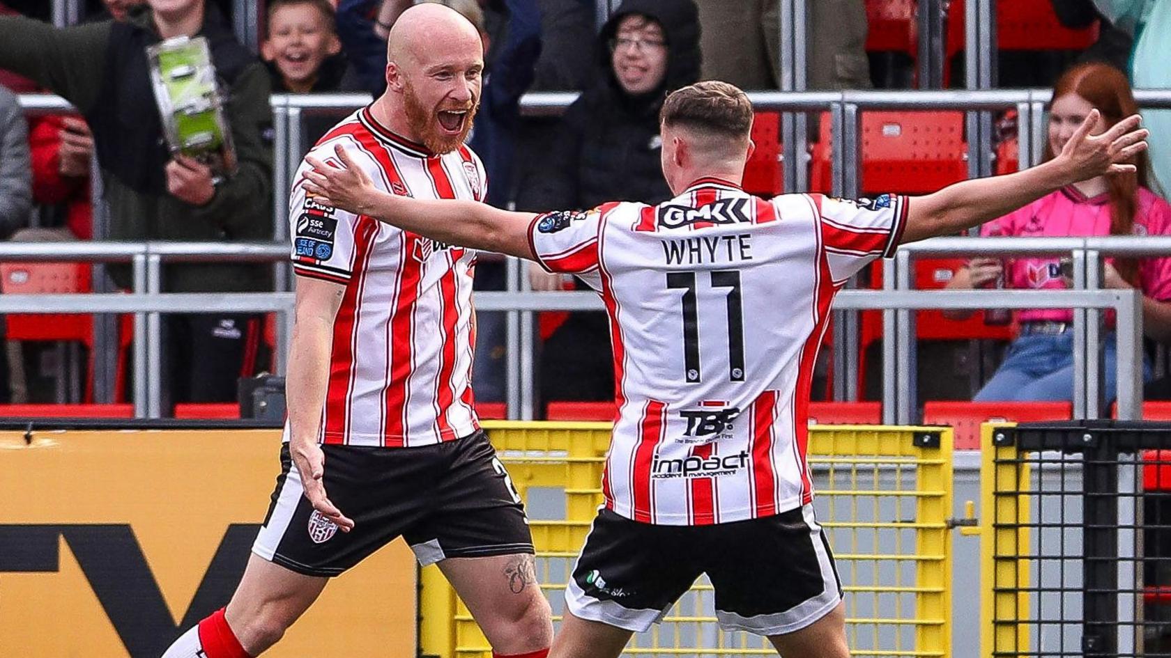Liam Boyce and Gavin Whyte celebrating one of Liam Boyce's goals