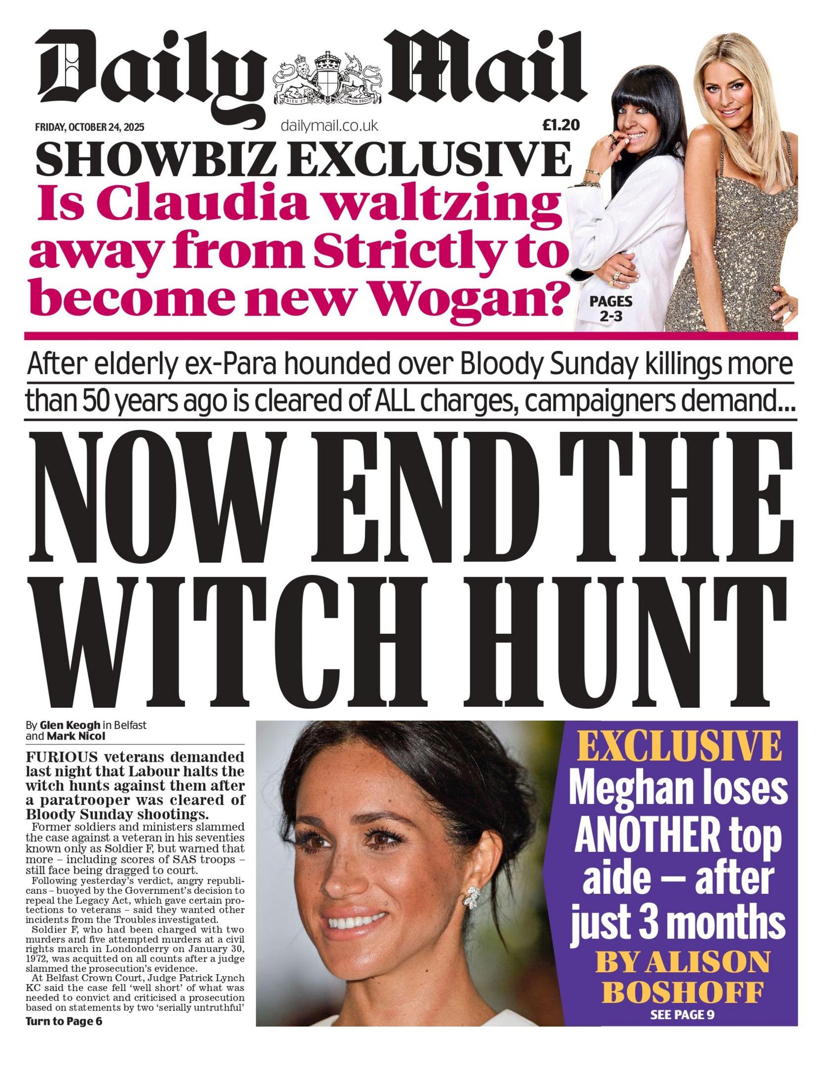Titulli në faqen e parë të Daily Mail thotë: "Pasi ish-anëtari i moshuar Para, i ndjekur penalisht për vrasjet e së Dielës së Përgjakshme më shumë se 50 vjet më parë, lirohet nga TË GJITHA akuzat, aktivistët kërkojnë: Tani t'i jepet fund gjuetisë së shtrigave".