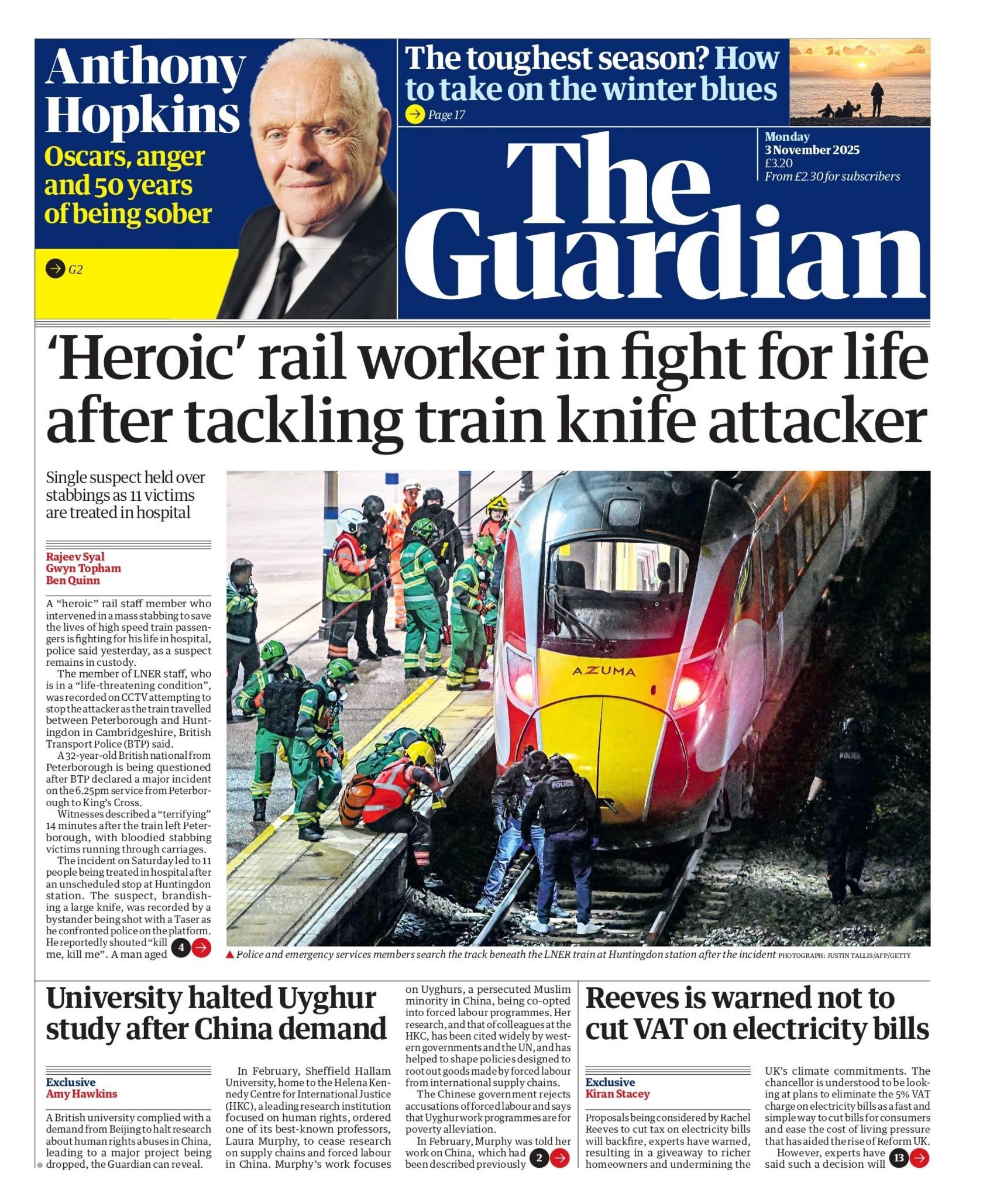 The headline on the front page of the Guardian reads: "'Heroic' rail worker in fight for life after tackling train knife attacker."