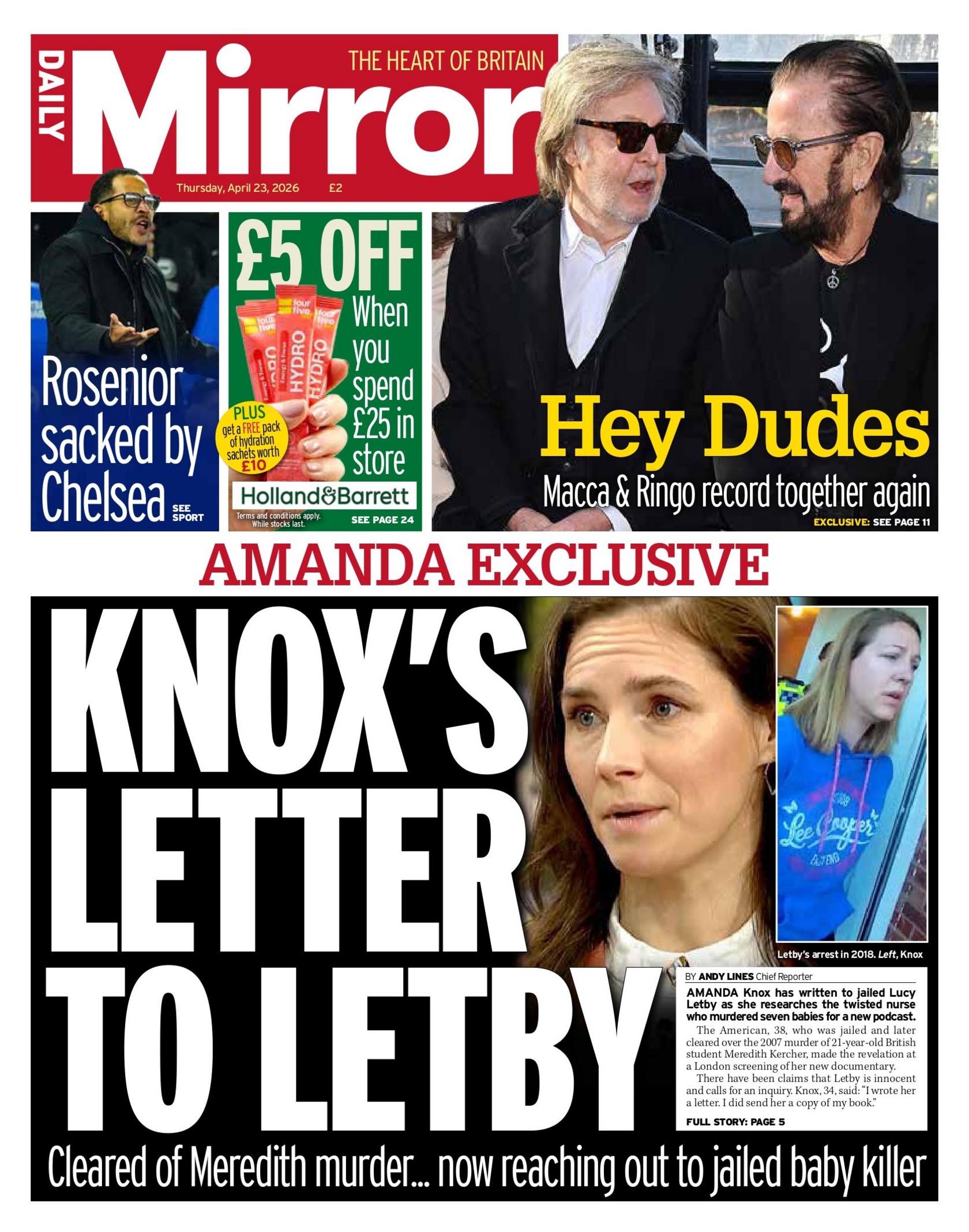 "Letra e Knox-it për Letby-n", shkruan titulli në faqen e parë të Daily Mirror.