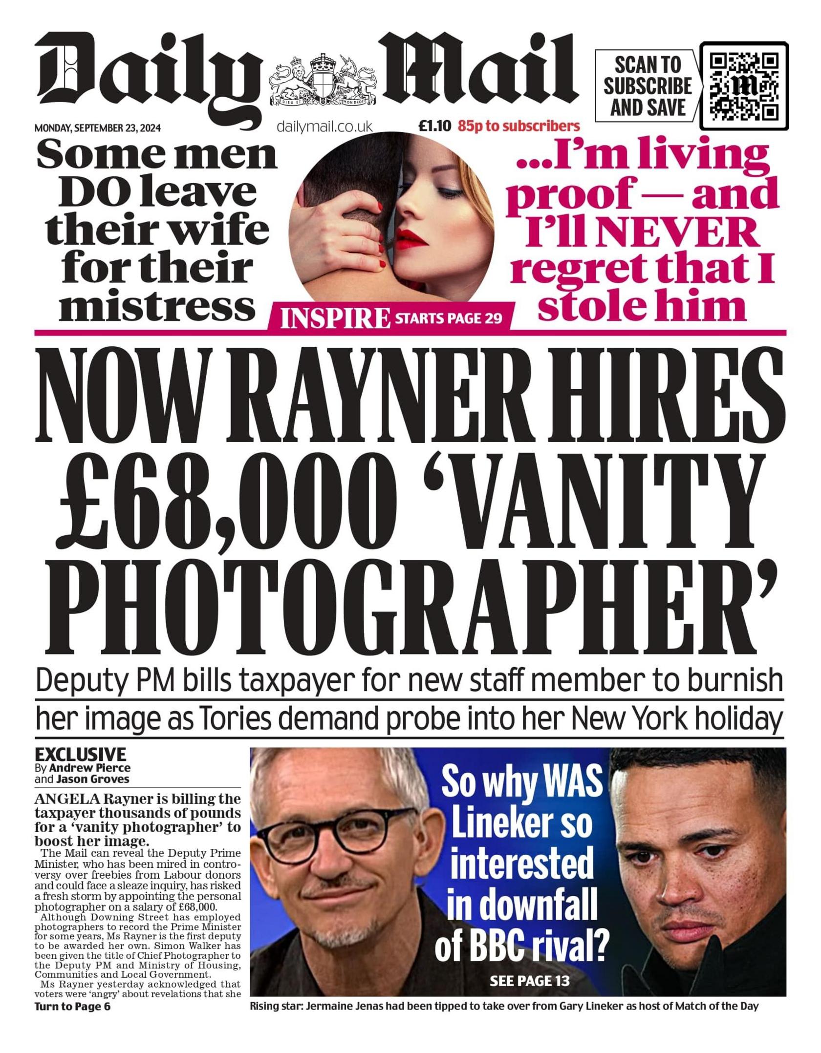 The Daily Mail headline reads: Now Rayner hires £68,000 'vanity photographer'