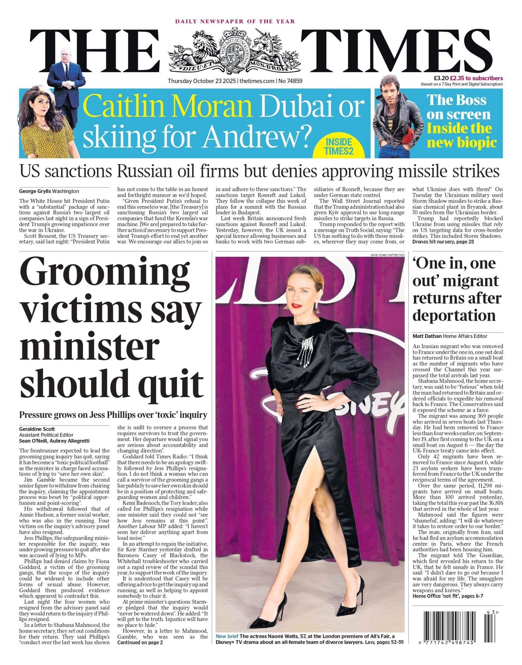 "Grooming victims say minister should quit" reads the headline on the front page of The Times.
