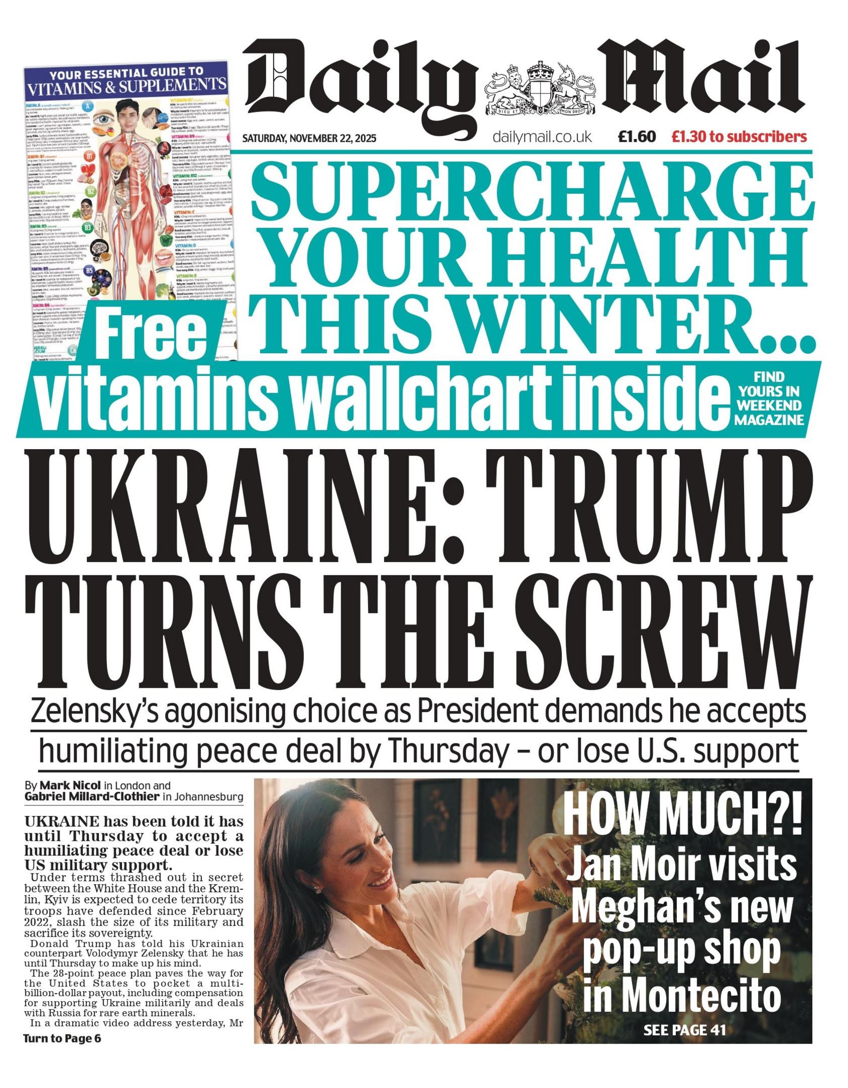 The headline on the front page of the Daily Mail reads: "Ukraine: Trump turns the screw".