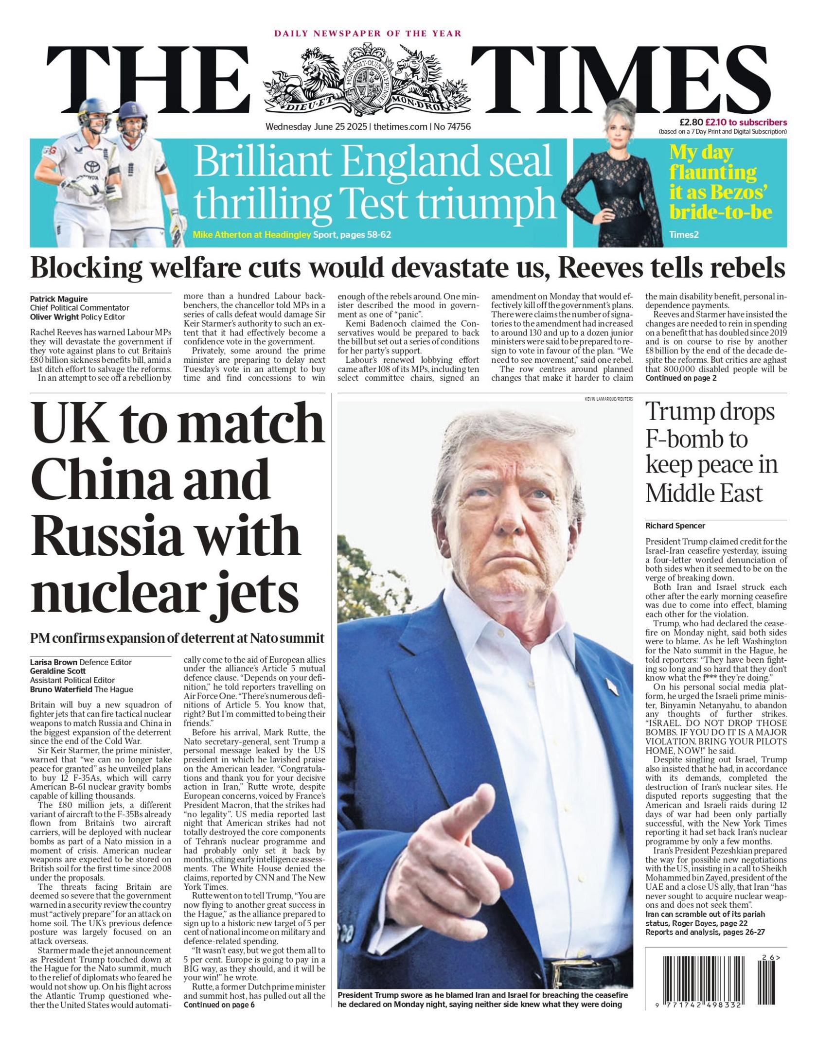 "UK to match China and Russia with nuclear jets" reads the headline on the front page of The Times.