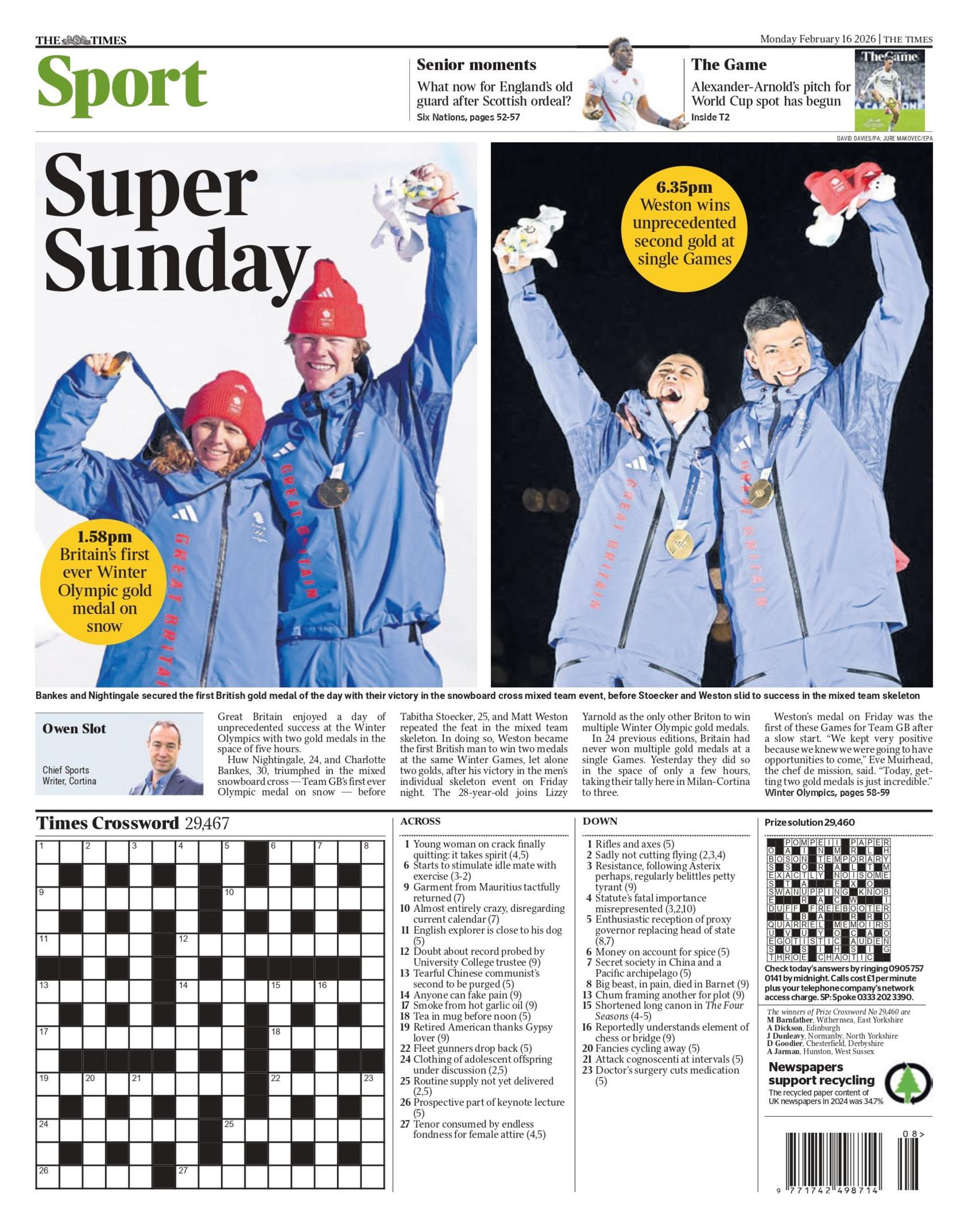 Back page of the Times, which also has the main headline "Super Sunday".