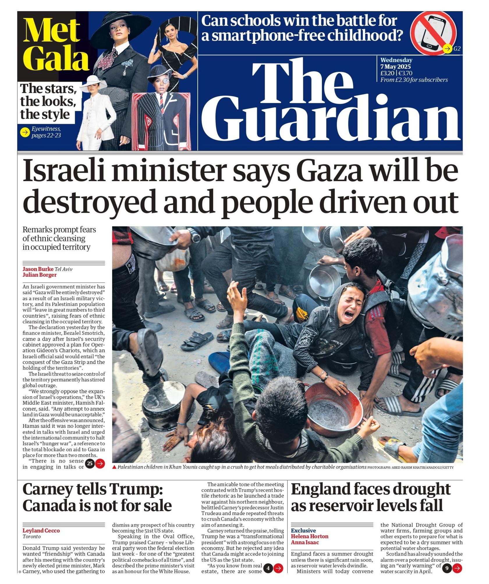 The headline on the front page of The Guardian reads: "Israeli minister says Gaza will be destroyed and people driven out"