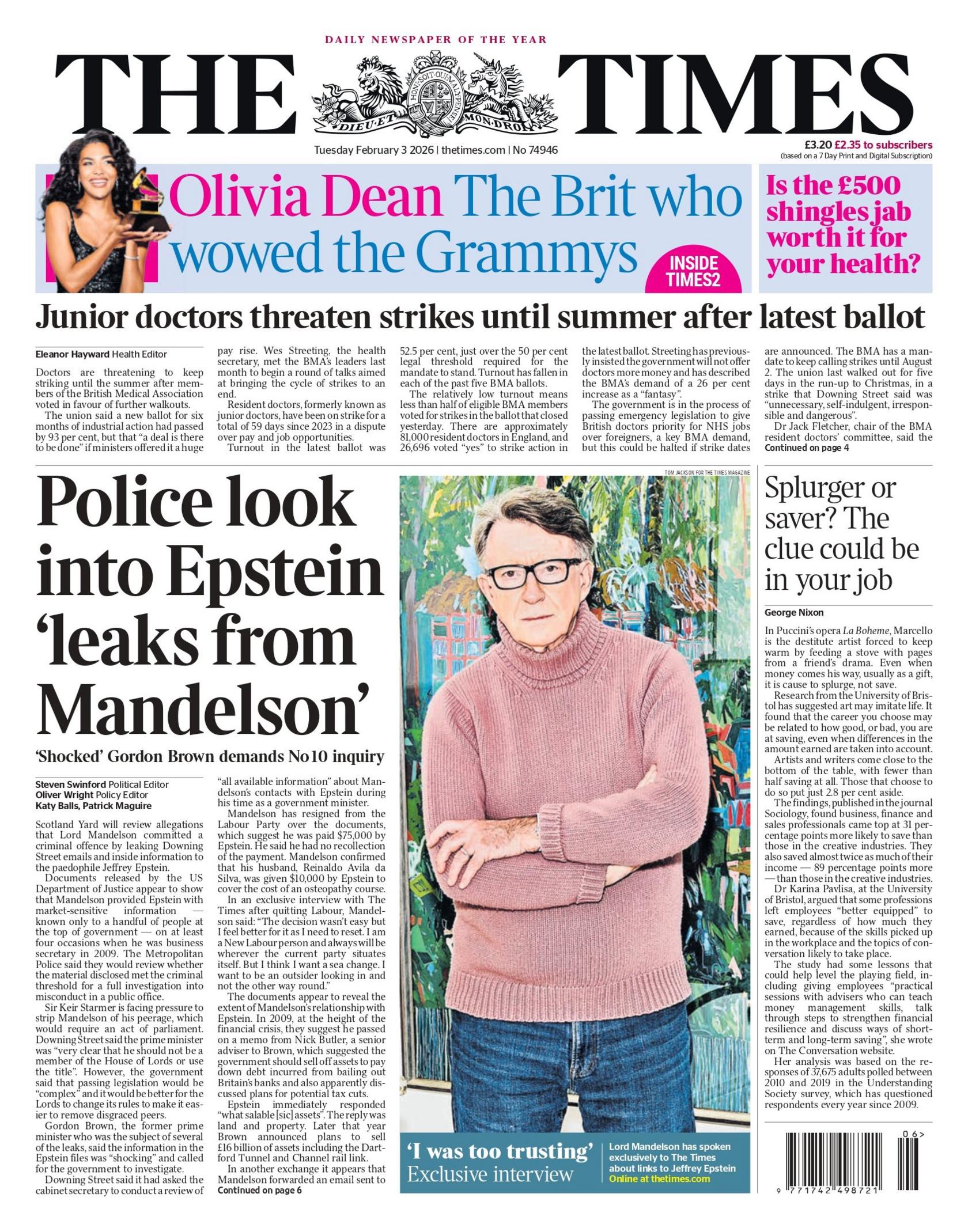 “Policia po heton ‘rrjedhjet e informacionit nga Mandelson’ e Epstein”, thuhet në titullin kryesor të faqes së parë të gazetës Times.