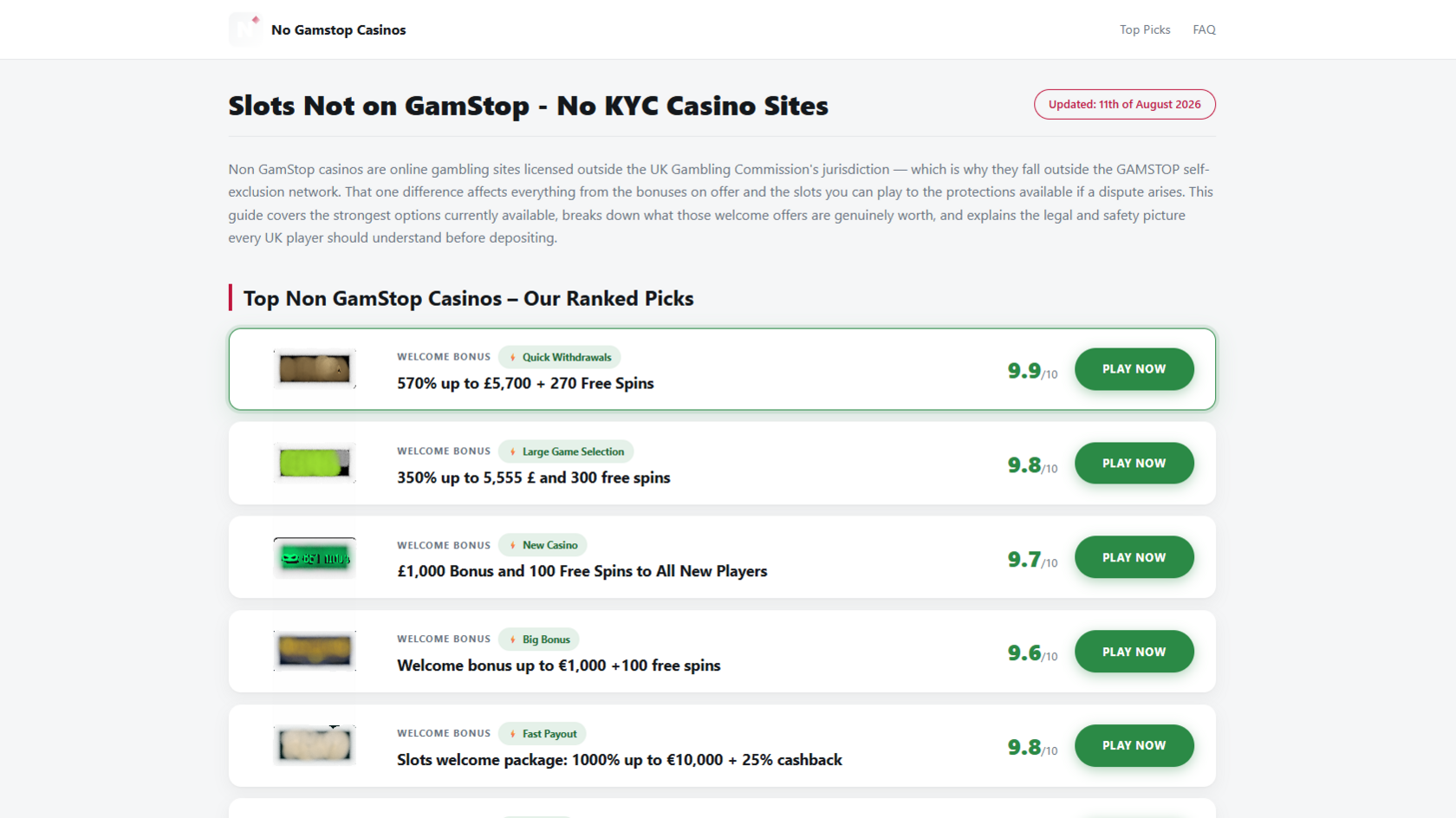 A screen shot of a web page showing a list of "no gamstop casinos"