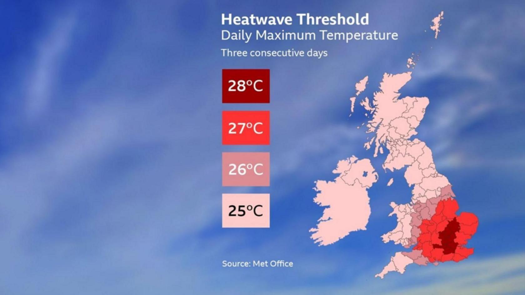 A graphic showing Ireland and the UK, along with a temperature colour grid