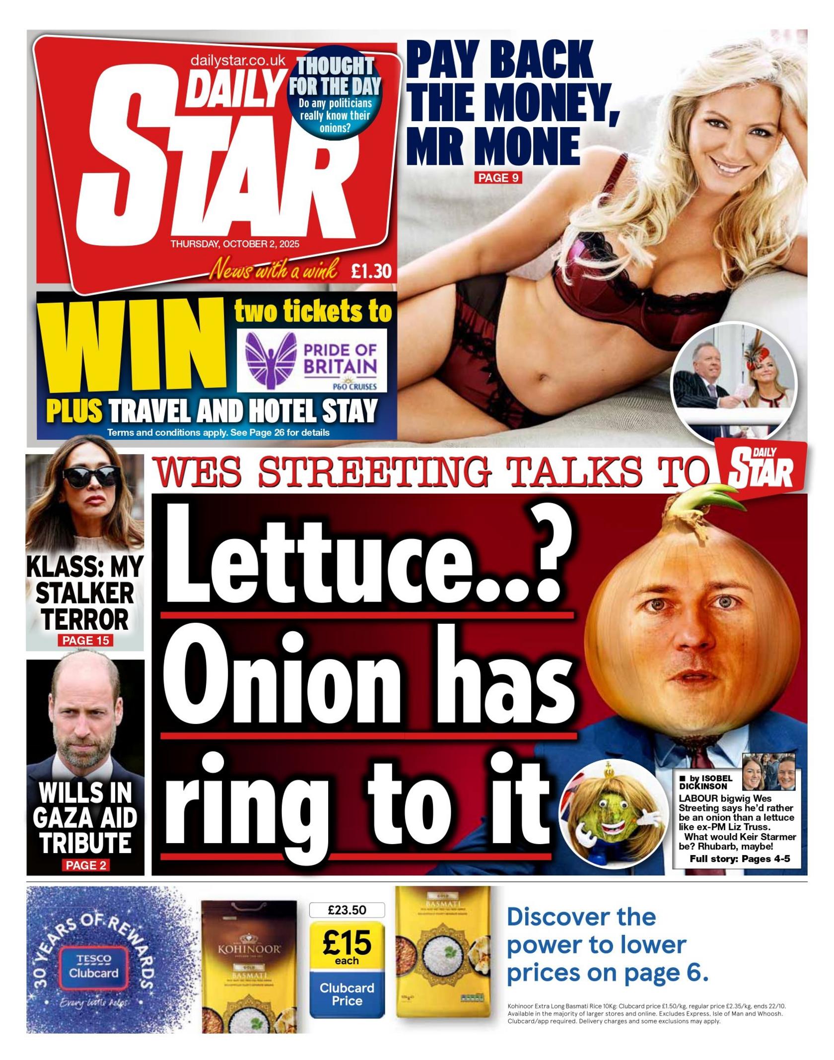 The headline on the front page of the Daily Star reads: "Lettuce...? Onion has a ring to it". It features next to an animation of Health Secretary Wes Streeting, whose head is shaped as a brown onion.
