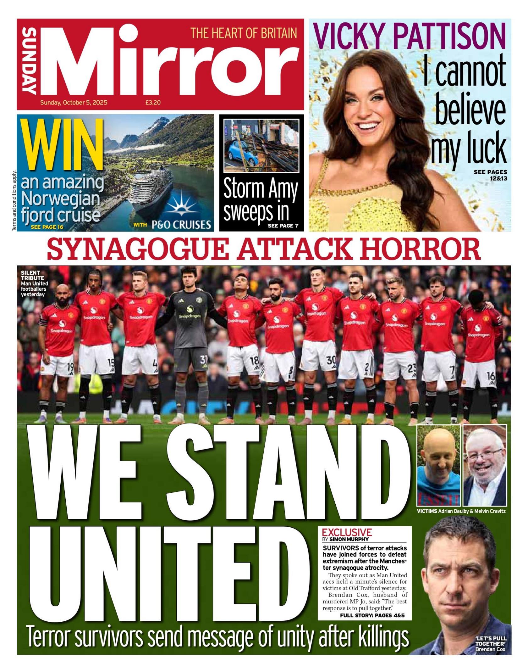 "We stand united" reads the headline on the front page of the Sunday Mirror.
