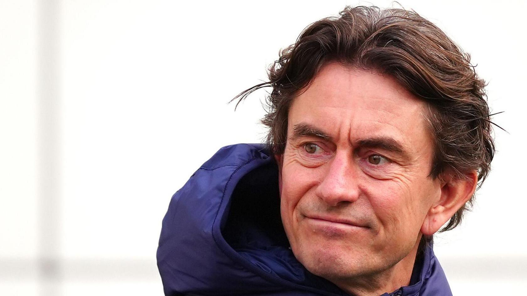 Close up of Thomas Frank smiling during a training session