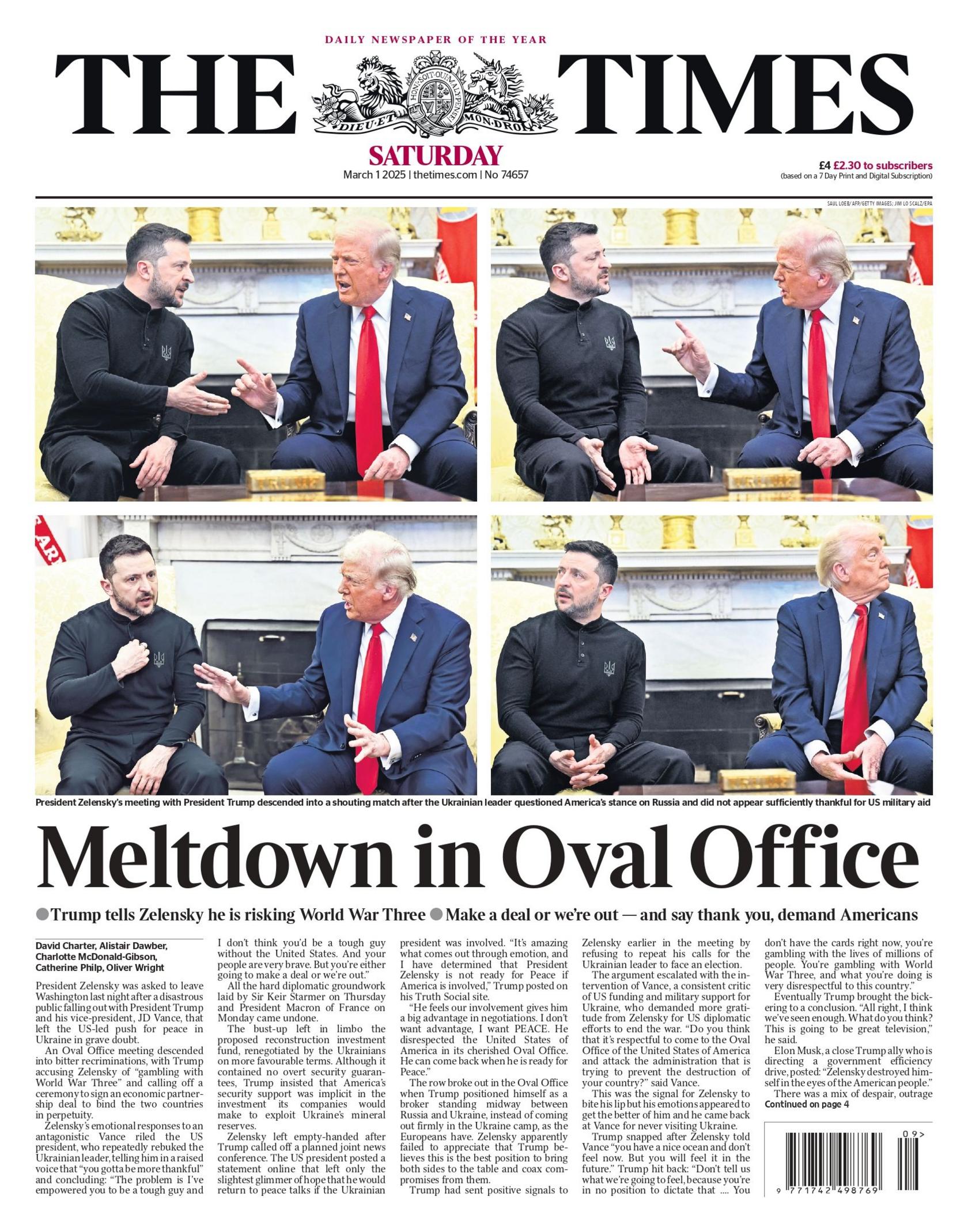 The headline on the front page of the Times reads: "Meltdown in Oval Office" 