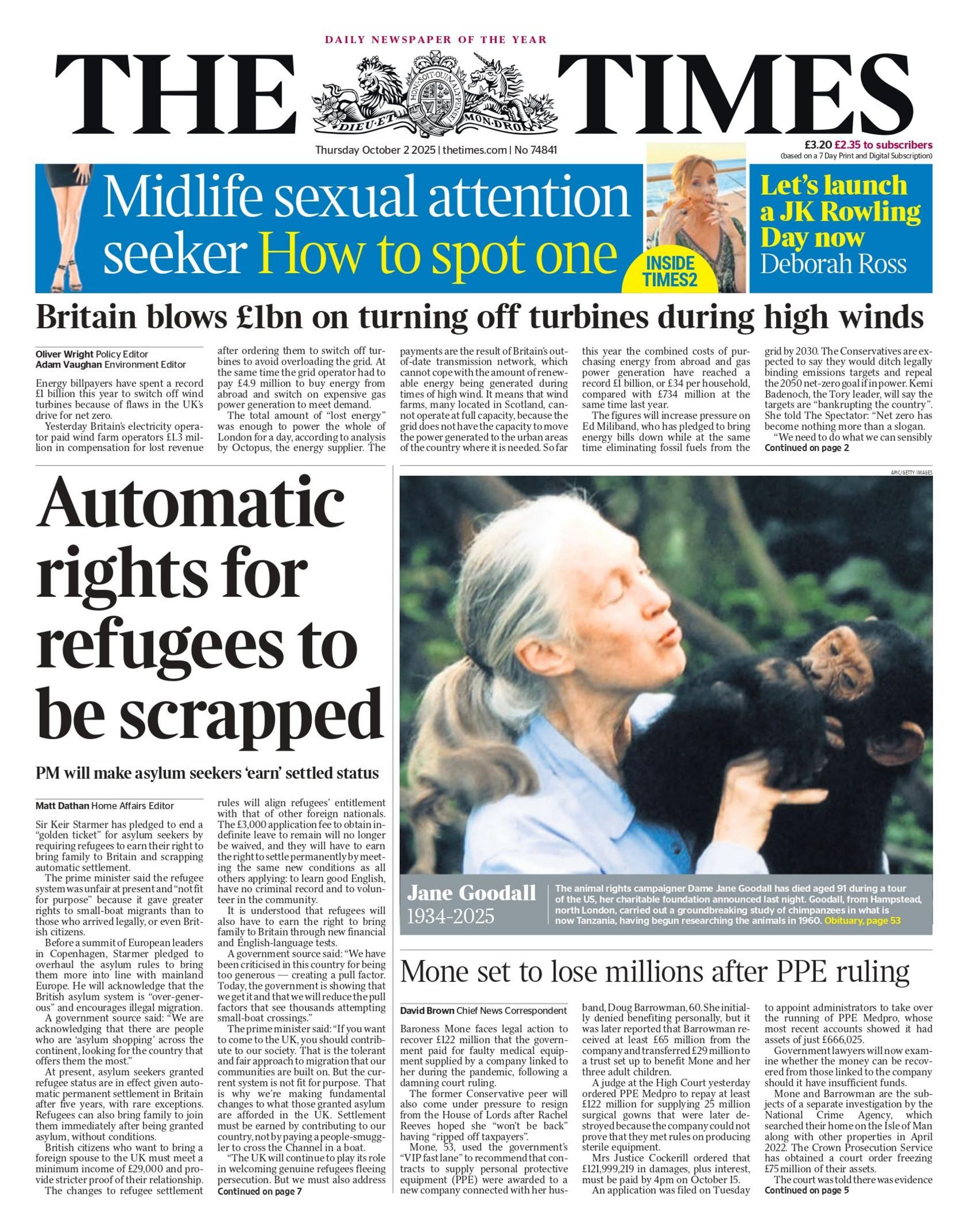 The headline on the front page of the Times reads: "Automatic rights for refugees to be scrapped".