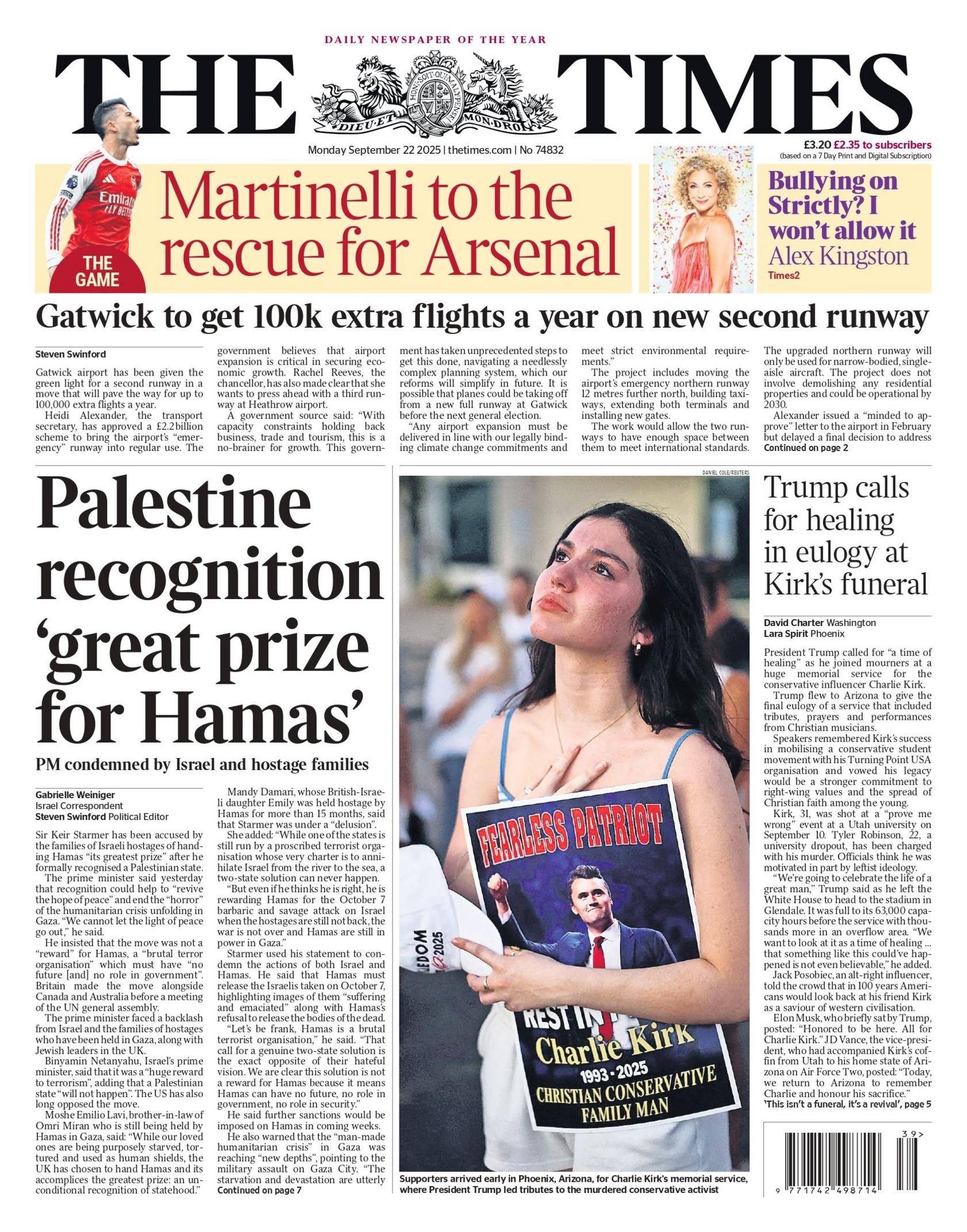 "Palestine recognition 'great prize for Hamas'," reads the headline on the front page of The Times.