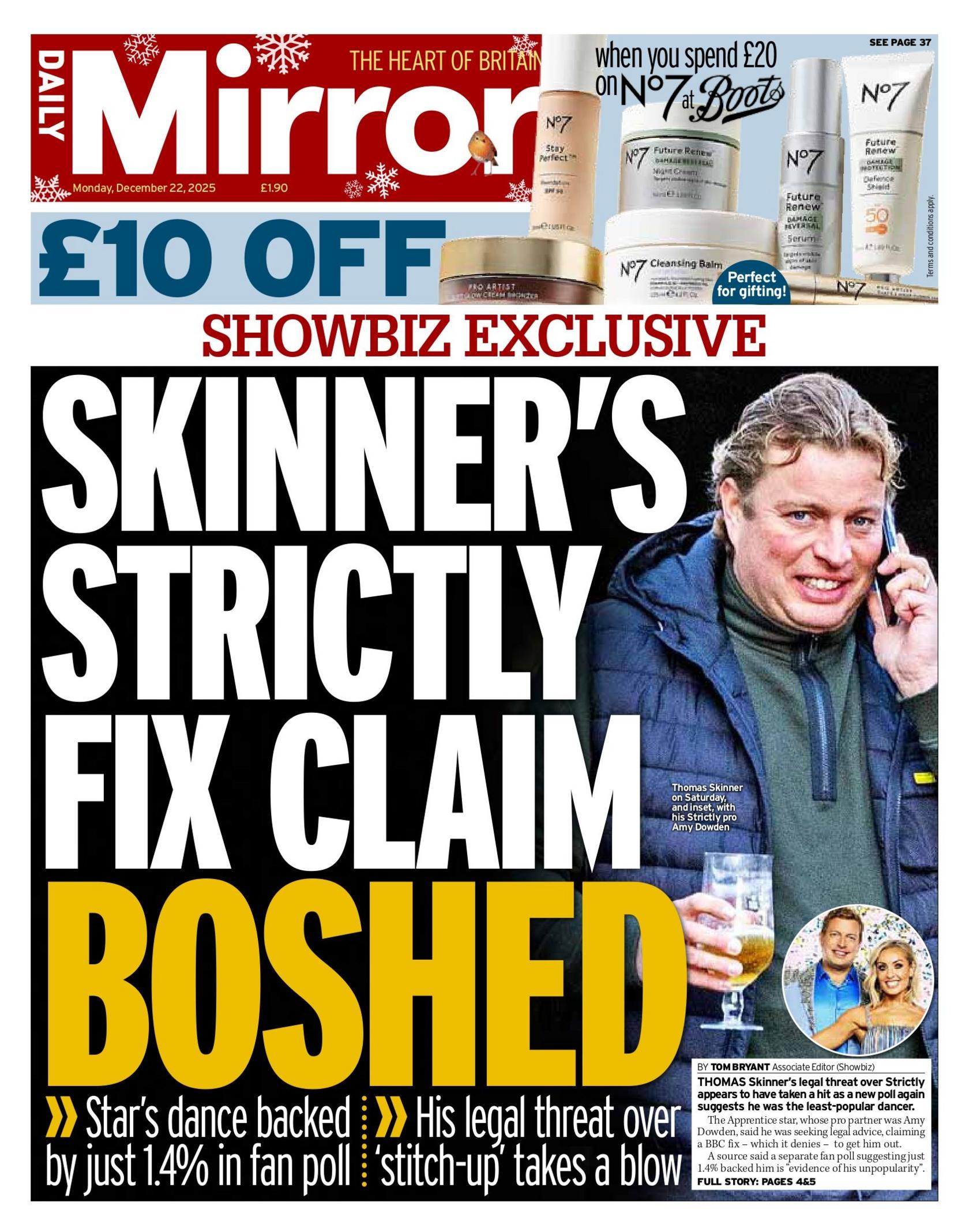 Titulli në faqen e parë të Daily Mirror thotë: "Pretendimi i Skinner për ilaçin Strictly Fix është kundërshtuar".