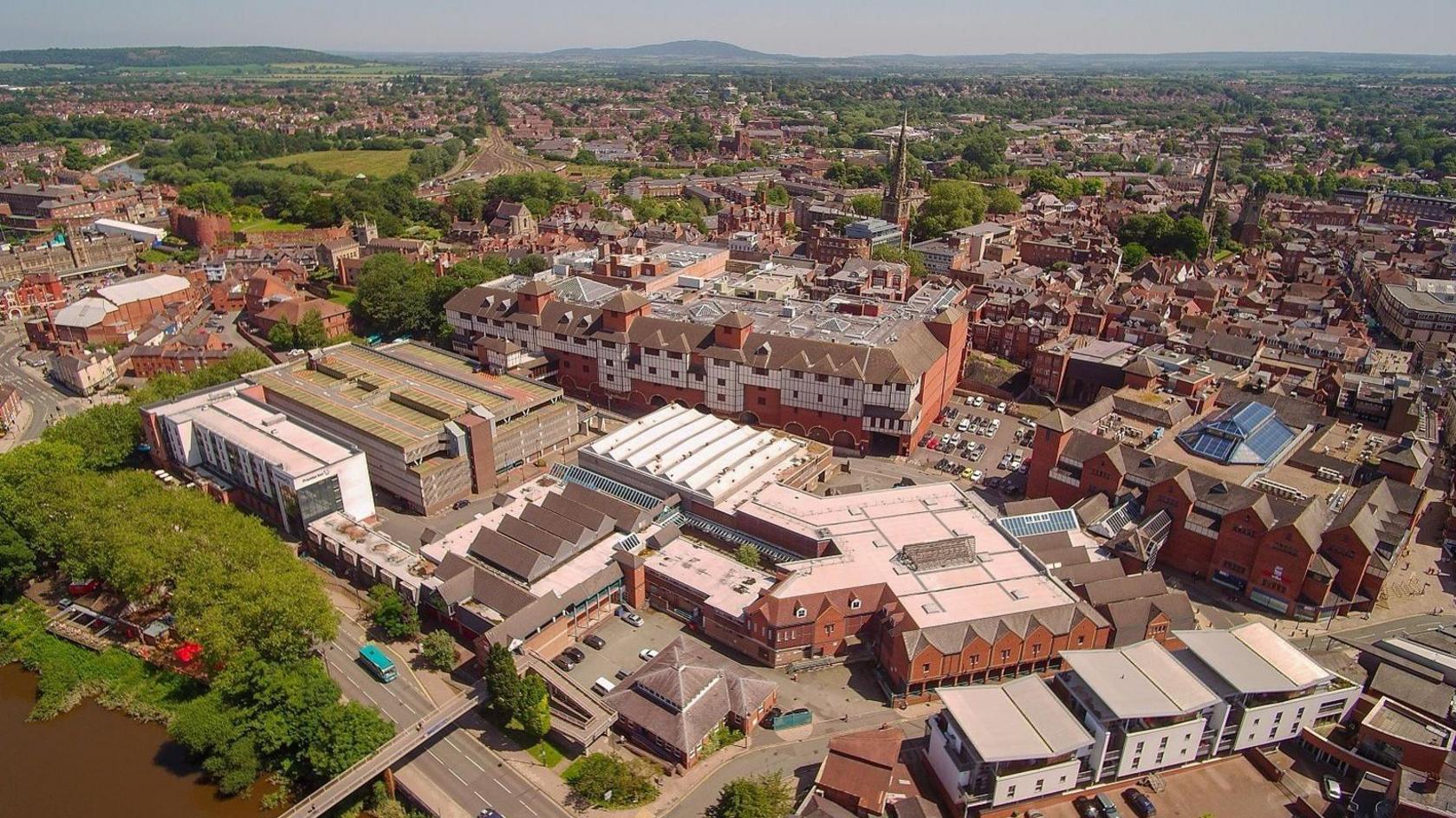 An aerial view of Shrewsbury's Riverside Shopping Centre, Raven Meadows car park and Smithfield Road