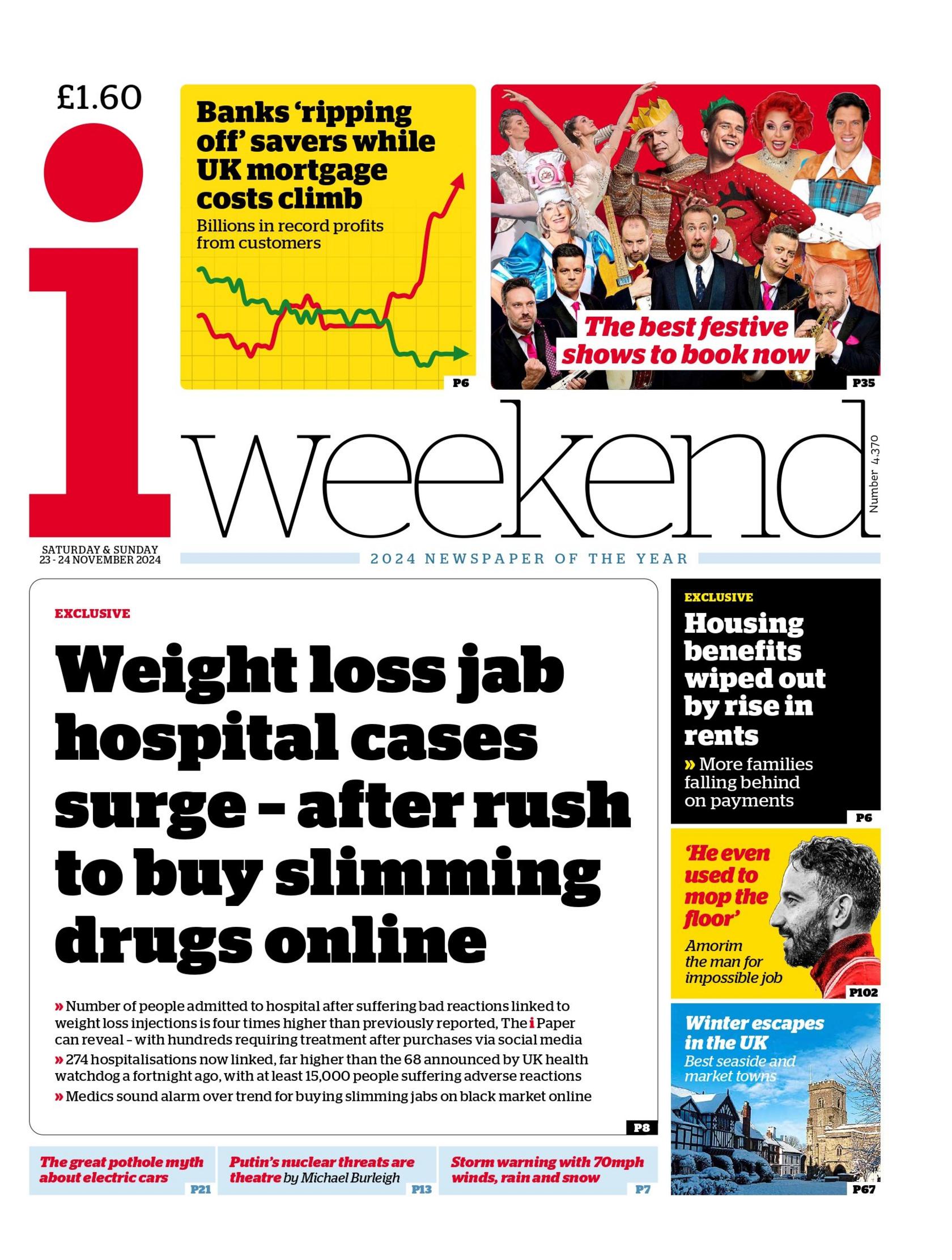 The i Weekend front page with headline: "Weight loss jab hospital cases surge - after rush to buy slimming drugs online"