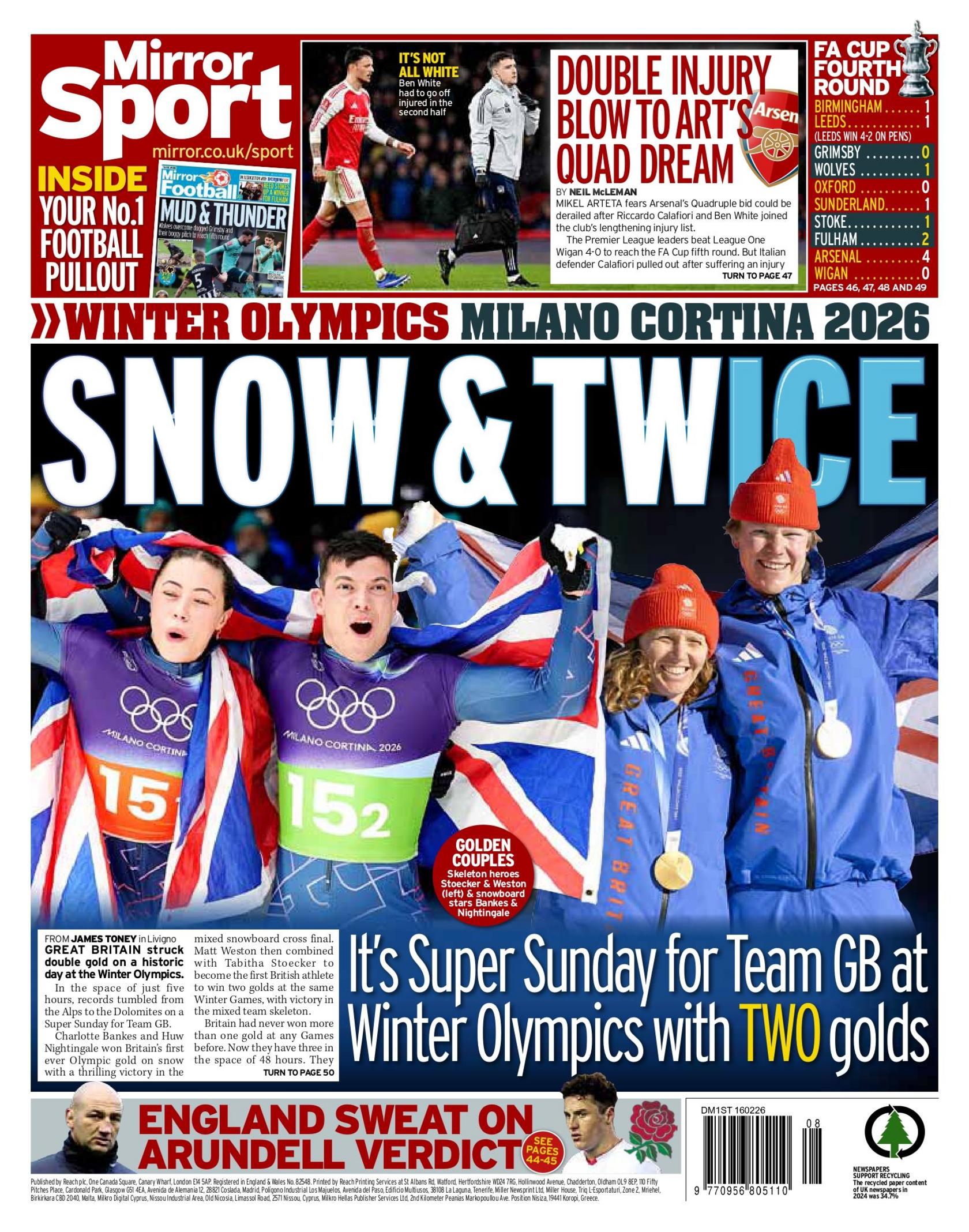 Mirror back page with the headline "Snow & Twice - it's Super Sunday for Team GB at Winter Olympics with TWO golds".
