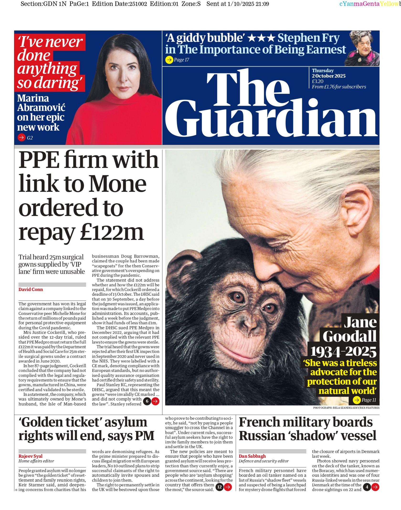 The headline on the front page of the Guardian reads: "PPE firm with link to Mone ordered to repay £122m". In a separate headline, a close-up photo of primatologist Jane Goodall with a chimpanzee pays tribute to the late animal rights campaigner.