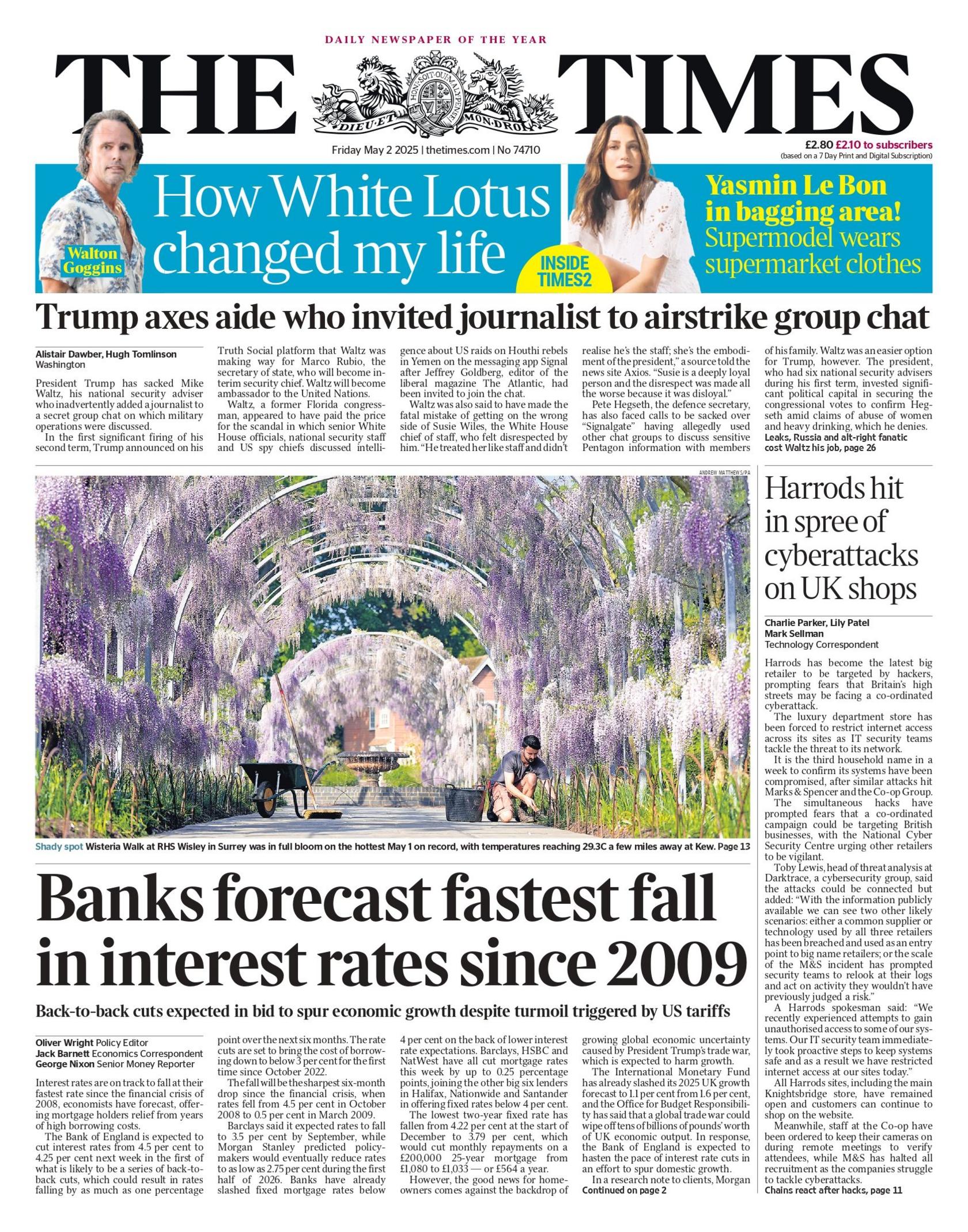 The headline on the front page of The Times reads "banks forecast fastest fall in interest rates since 2009."