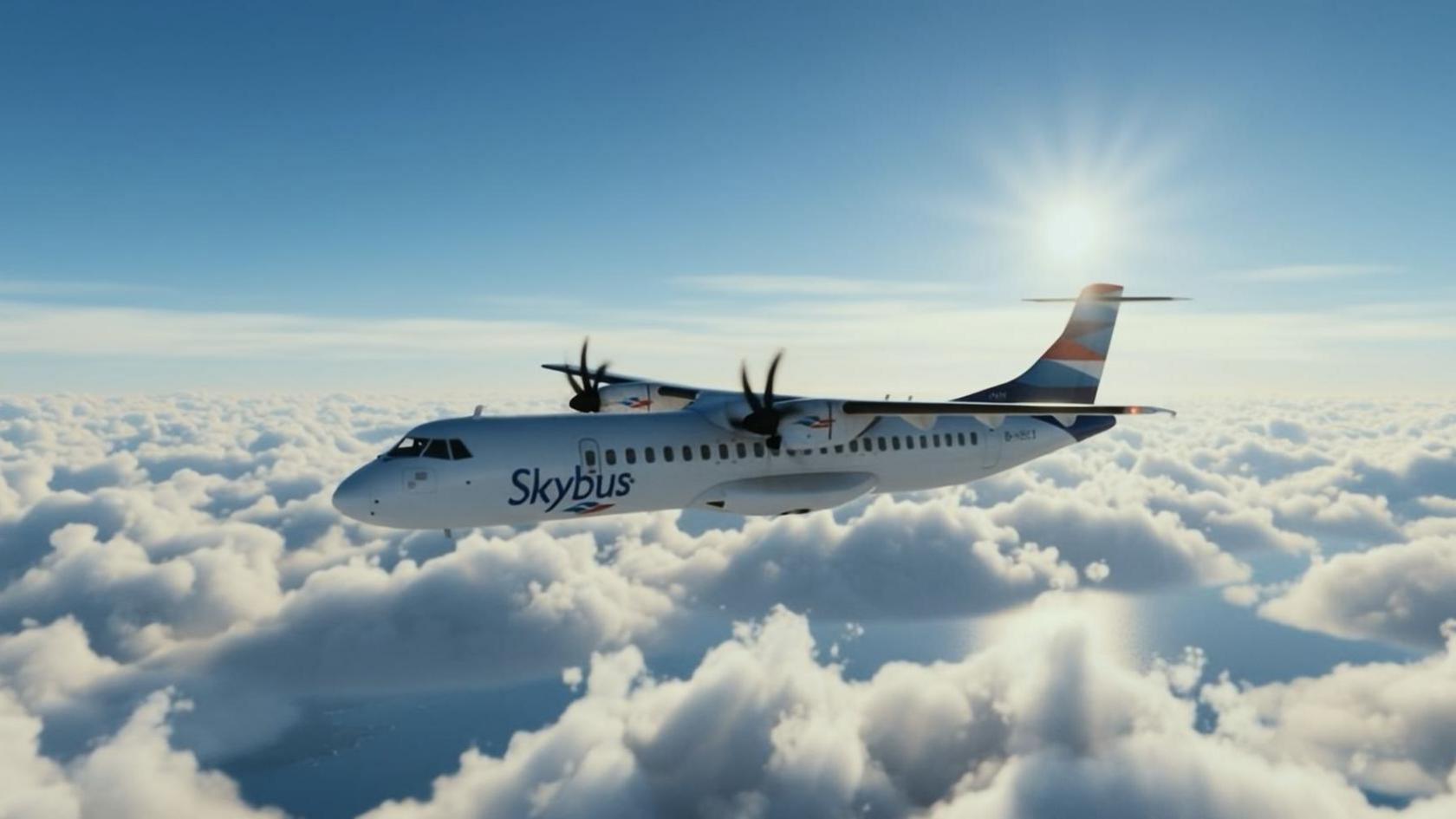 A white plane flying above white clouds, with Skybus written on the side in blue