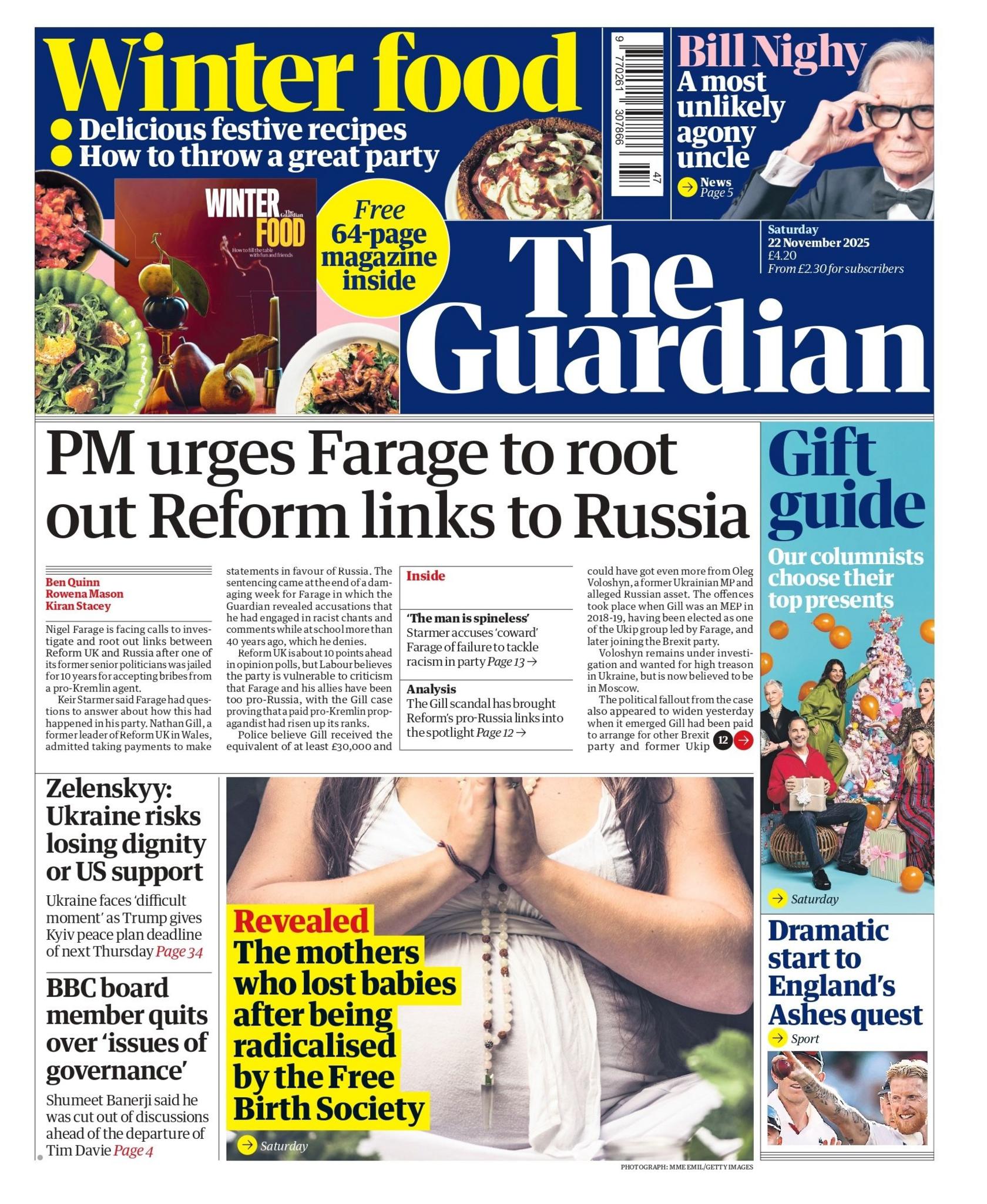 The headline on the front page of the Guardian reads: "PM urges Farage to root out Reform links to Russia".