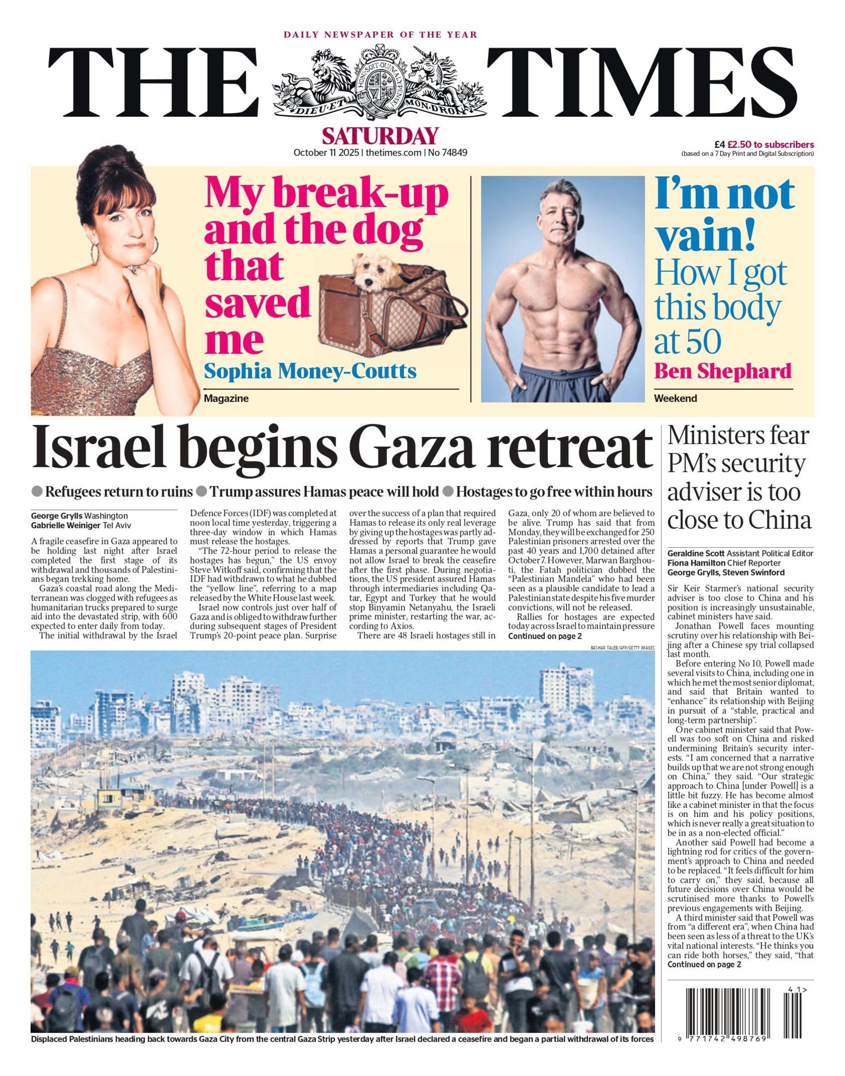 The headline on the front page of the Times reads: "Israel begins Gaza retreat."