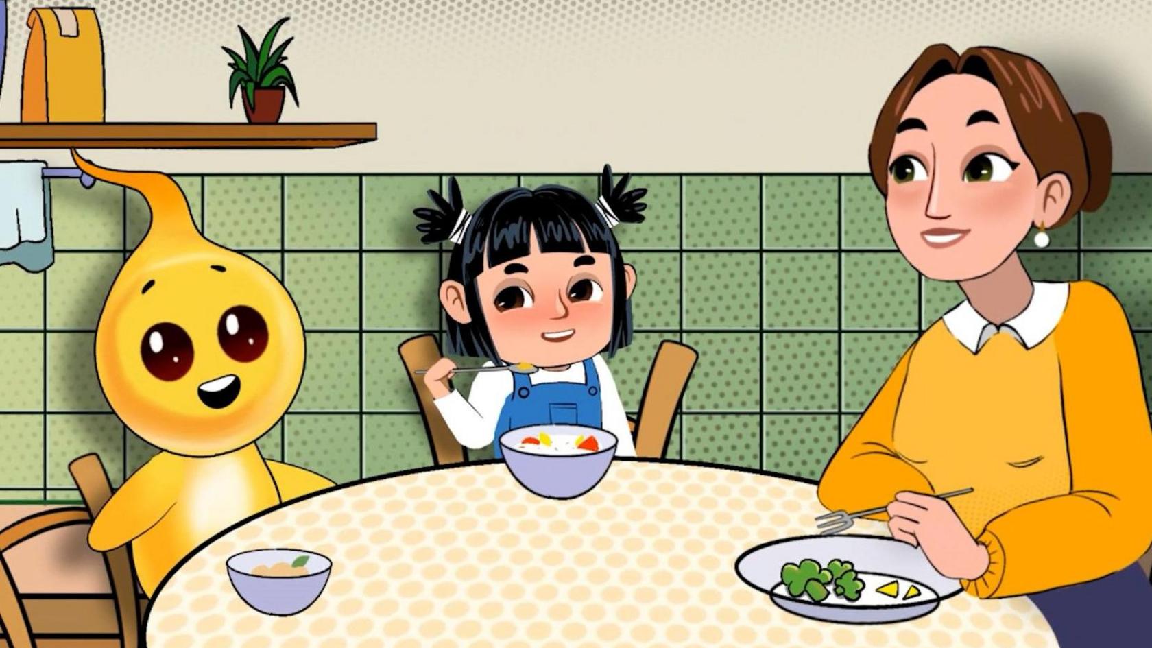 An animation of a yellow animated person whose head resembles a flame sat around a table with a black-haired girl with blue dungarees on and a woman with brown hair tied back and a yellow sweater. They are all eating food from plates and bowls.