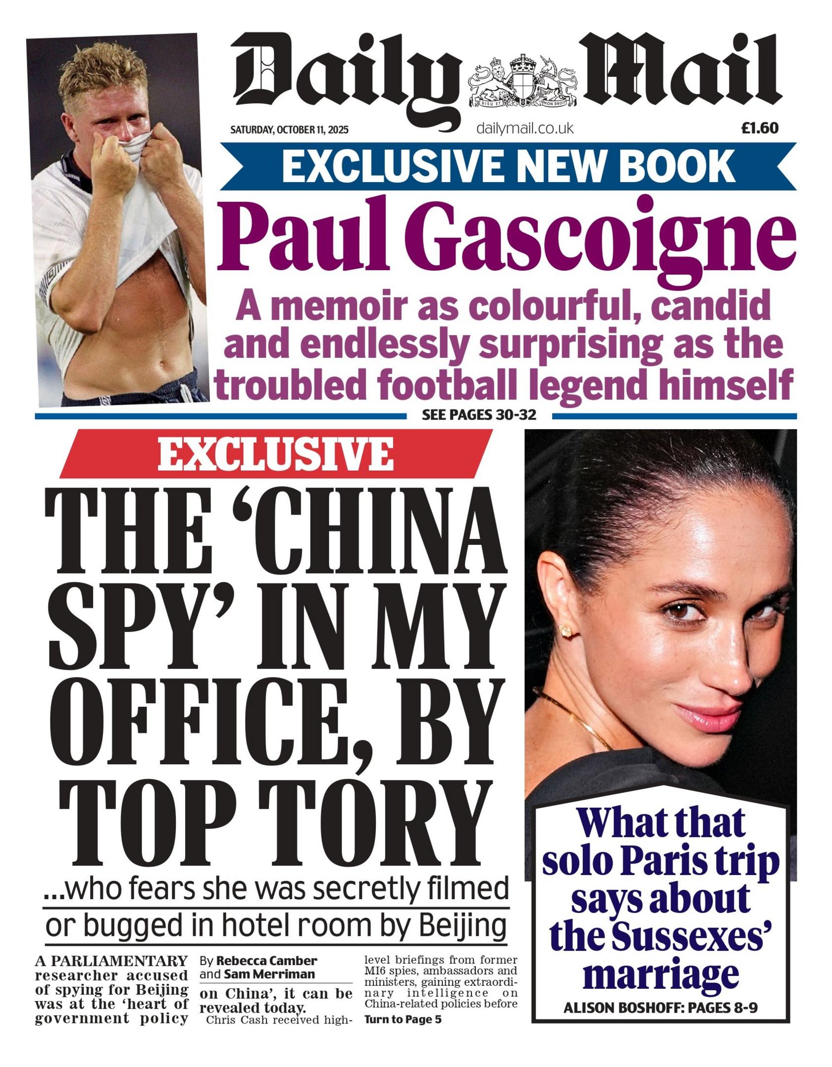 The headline on the front page of the Daily Mail reads: "The 'China spy' in my office, by top tory."