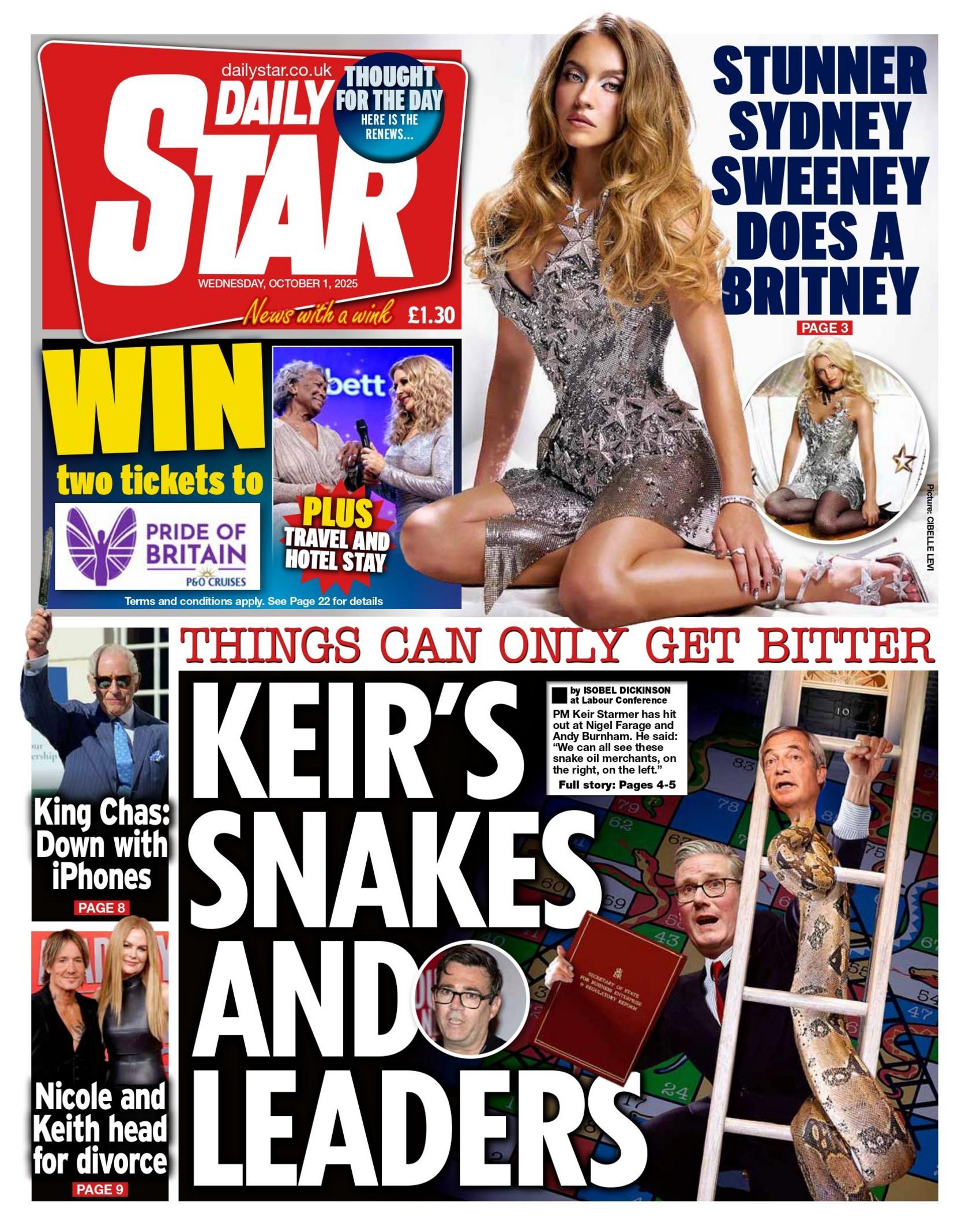 The headline on the front page of the Daily Star reads: "'Things can only get bitter': Keir's snakes and leaders". It features a snakes-and-ladders game animation with embedded photos of prime minister Sir Keir Starmer, Manchester Mayor Andy Burnham, and Reform UK leader Nigel Farage.