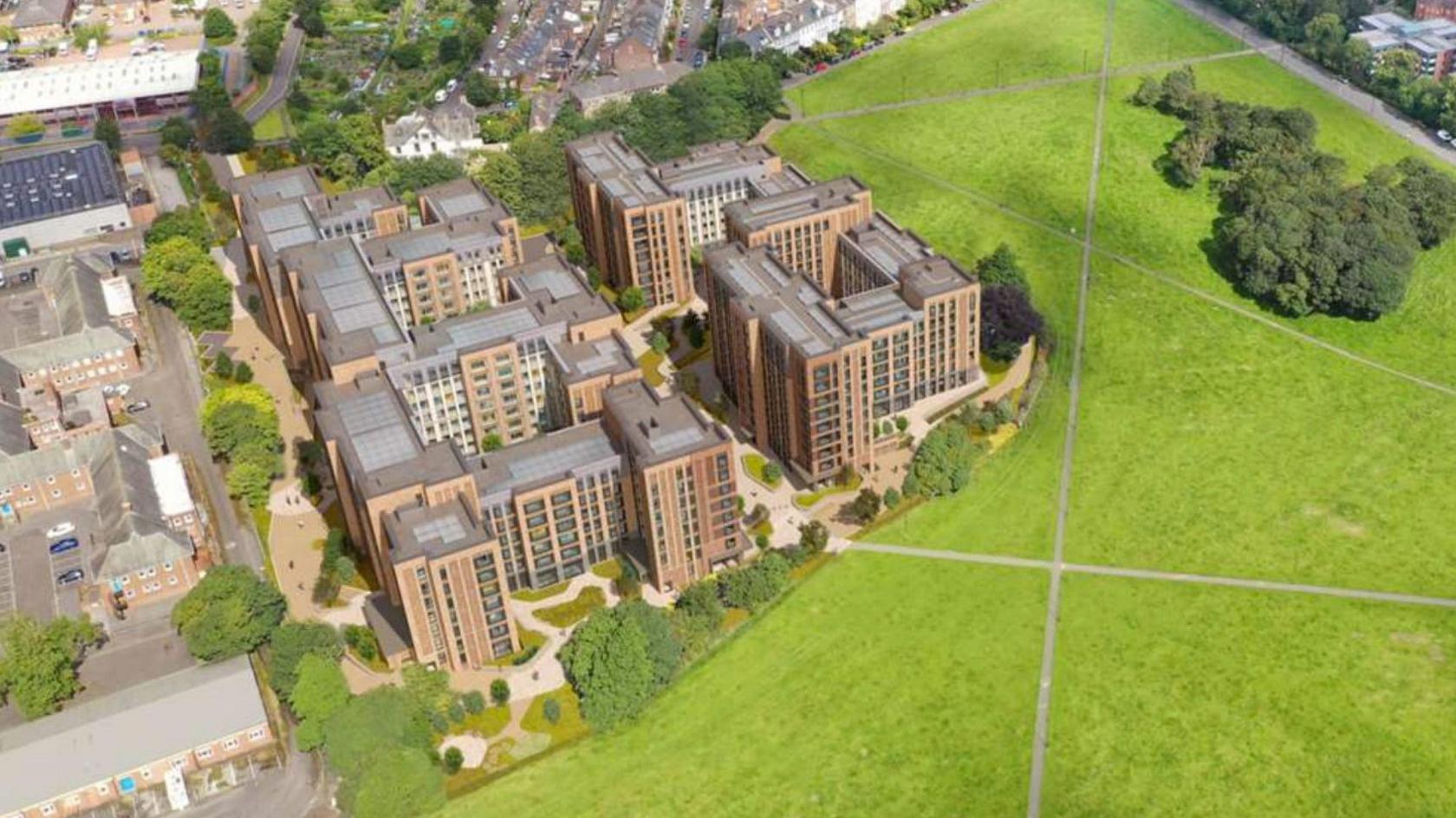 A CGI of how the new halls will look. Paths from the halls run across the Town Moor towards the city centre.
