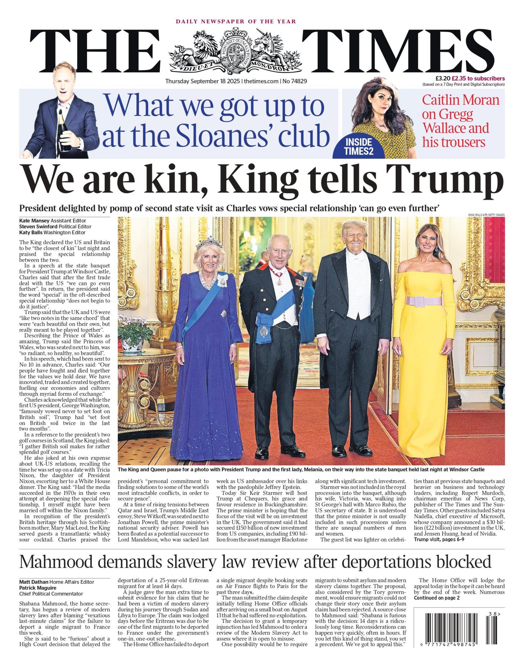 "We are kin, King tells Trump" reads the headline on the front page of The Times.