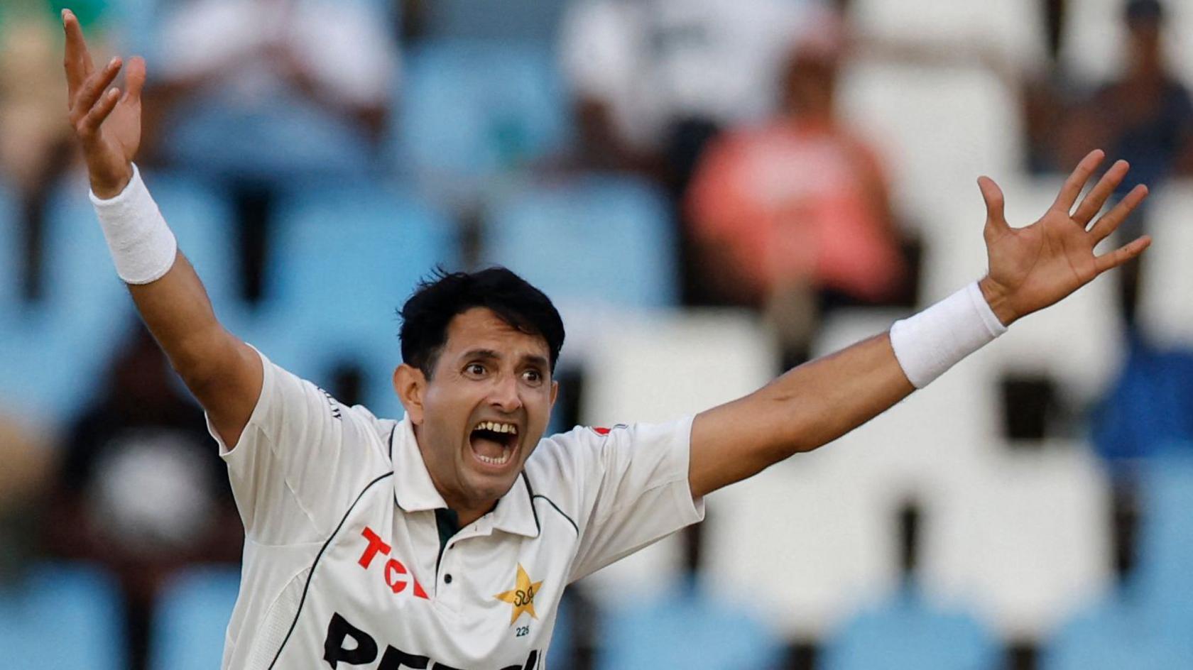 Mohammad Abbas appeals for a wicket while playing a Test match for Pakistan