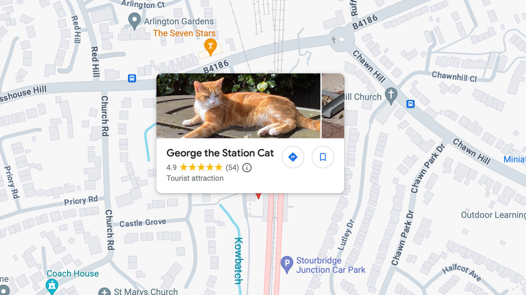 A google maps screengrab with an icon of a ginger and white cat that says George the Station Cat. The icon shows a 4.9 star rating based on 54 reviews