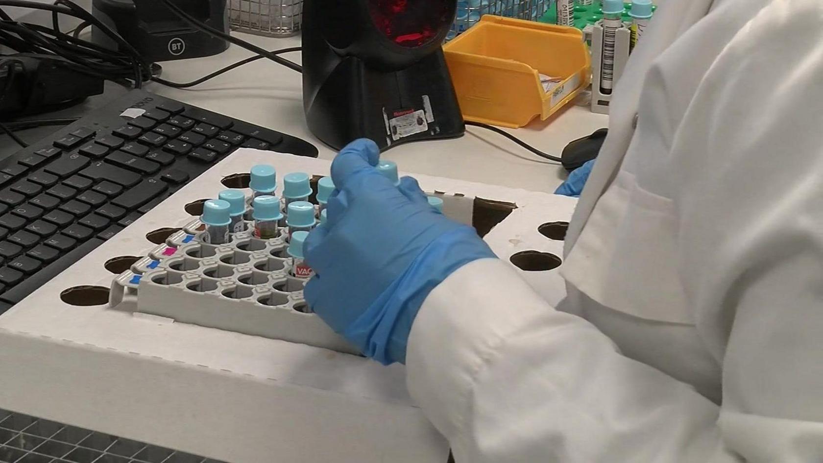 A person in a lab wearing a white coat and blue latex gloves holding a vial of blood with a blue lid. In front of them is a case of other vials filled with blood. In front of that is a black computer keyboard.