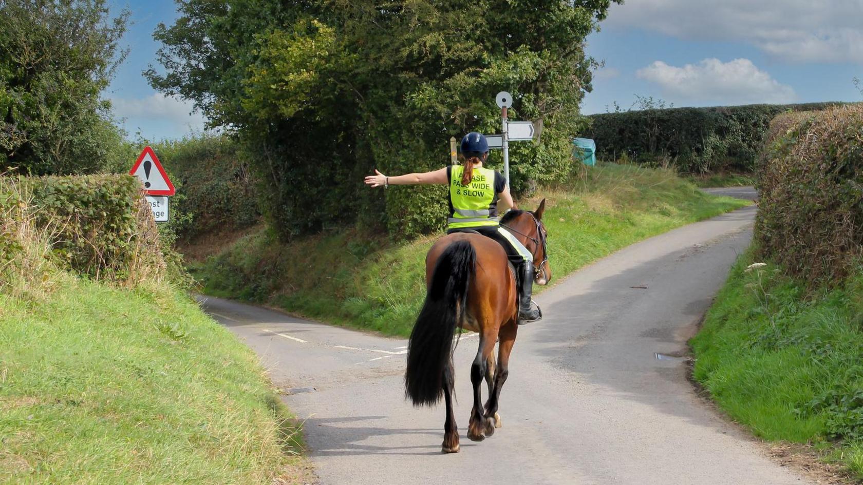 A stock image of a horse and rider in the English countryside, the rider wears a hi-vis vest and signals down a country lane.