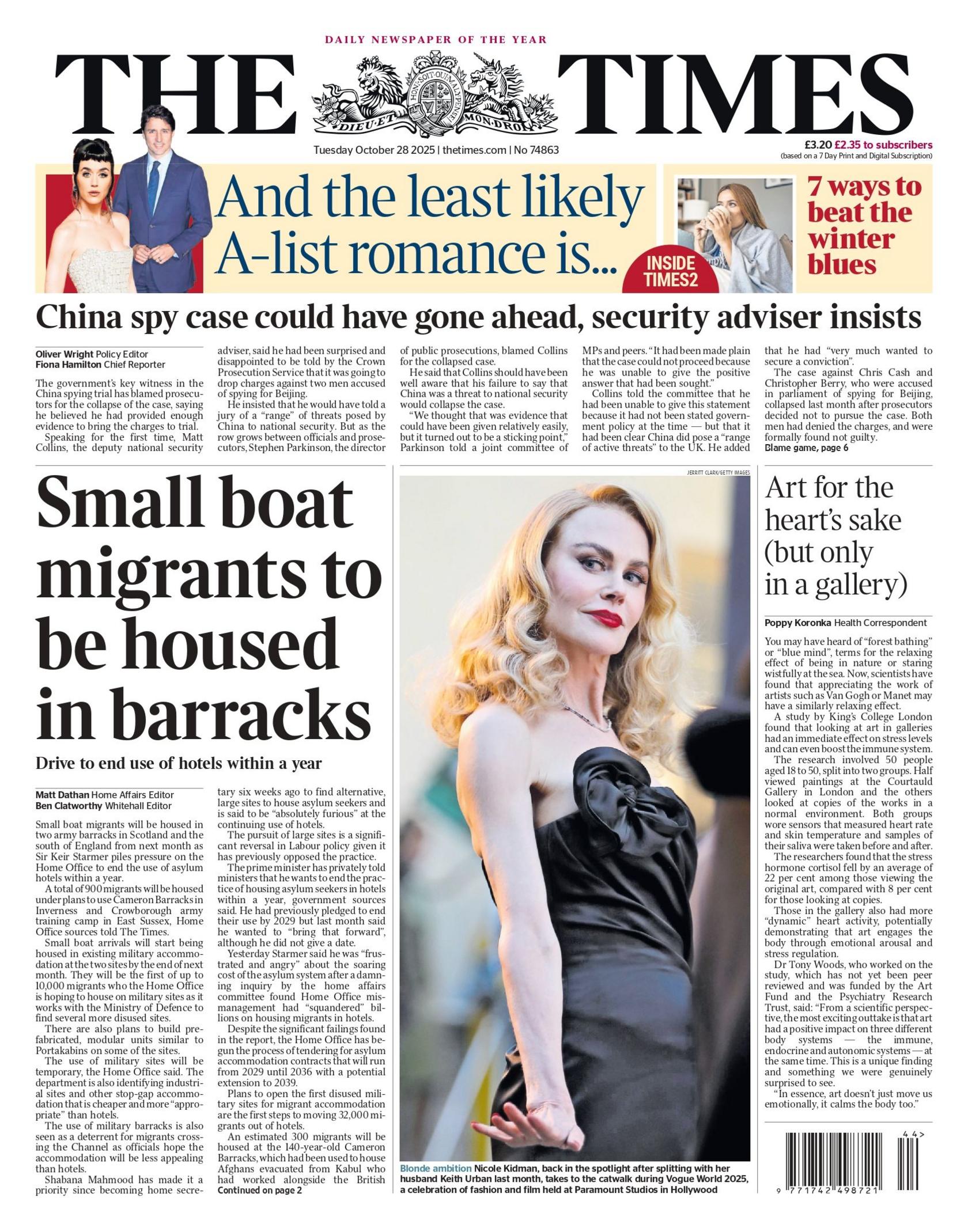 "Small boat migrants to be housed in barracks," reads the headline on the front page of The Times.